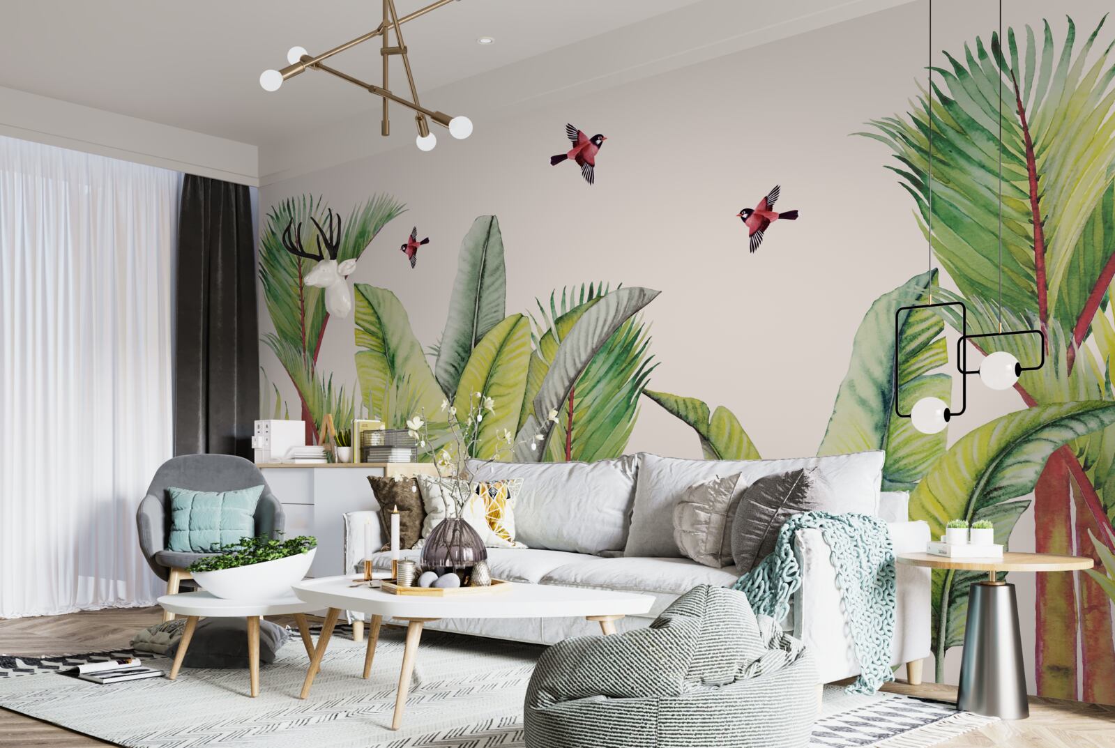 Fotobehang groen onder de vleugels van vogels