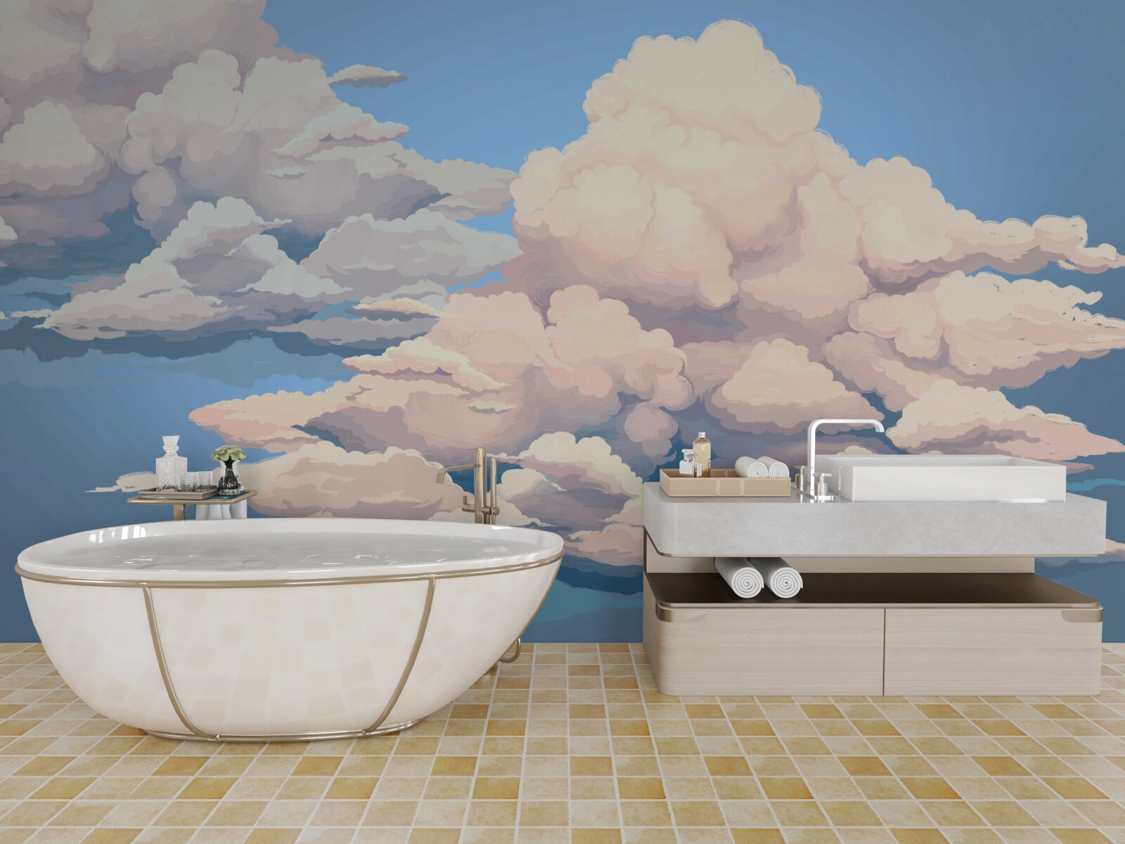 Fotobehang getekende pluizige witte wolken