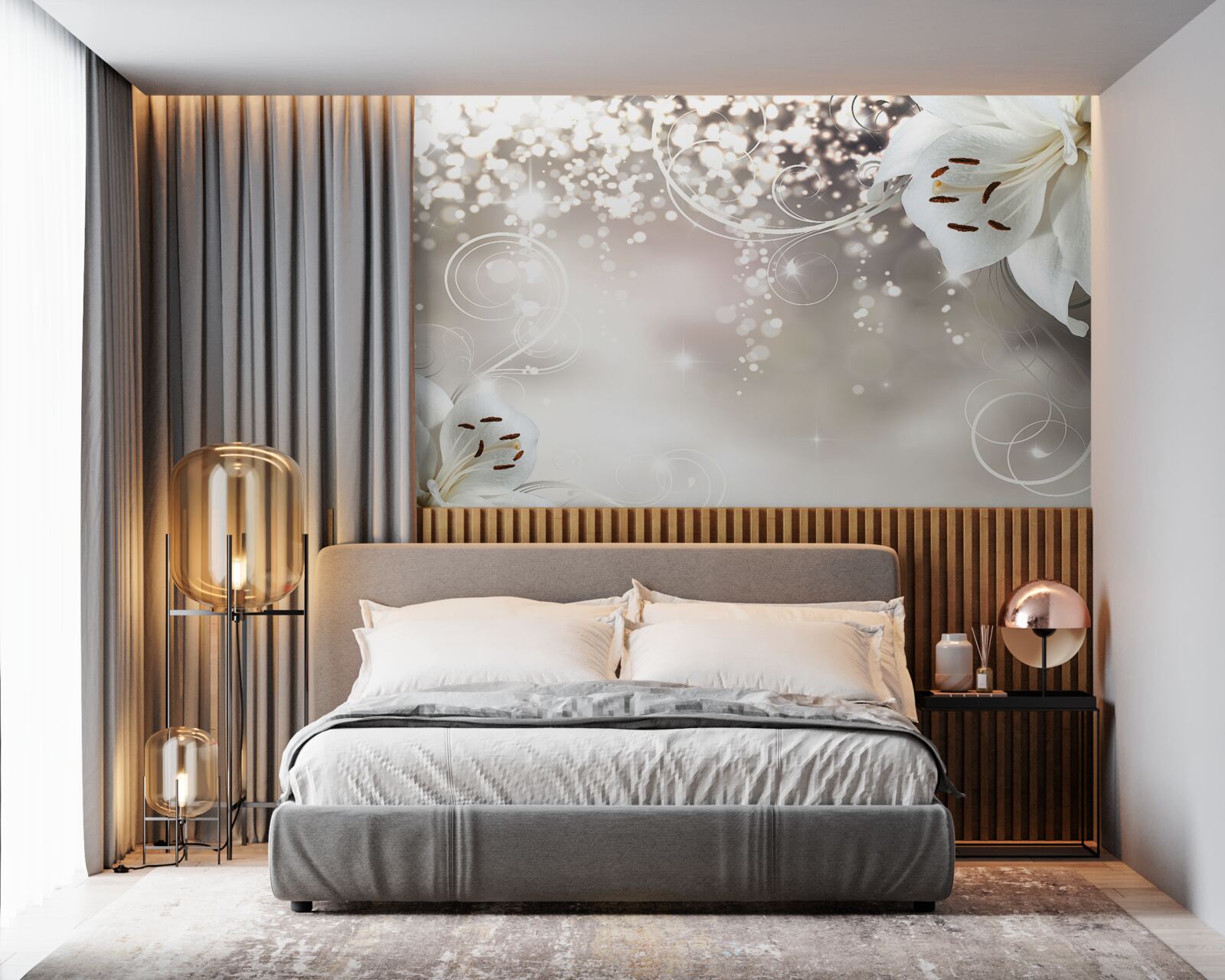 Fotobehang Gloeiende achtergrond en scharlaken lelies