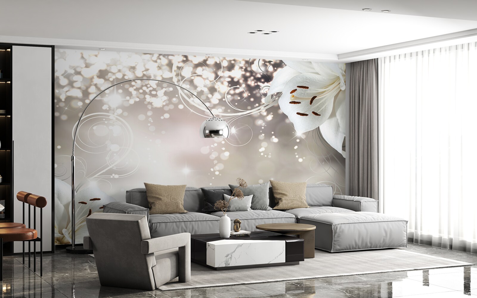 Fotobehang Gloeiende achtergrond en scharlaken lelies