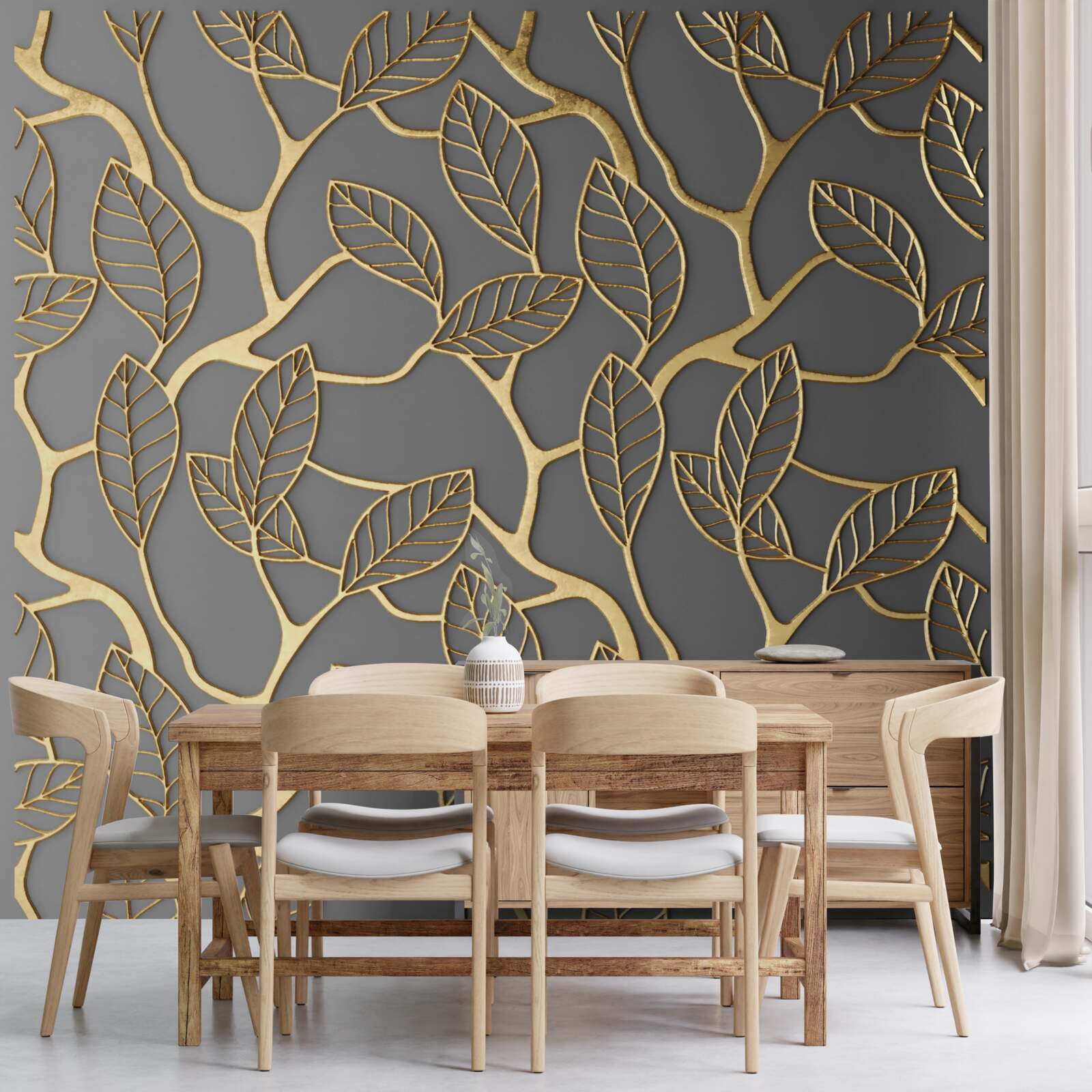 Fotobehang takken en bladeren met een gouden tint