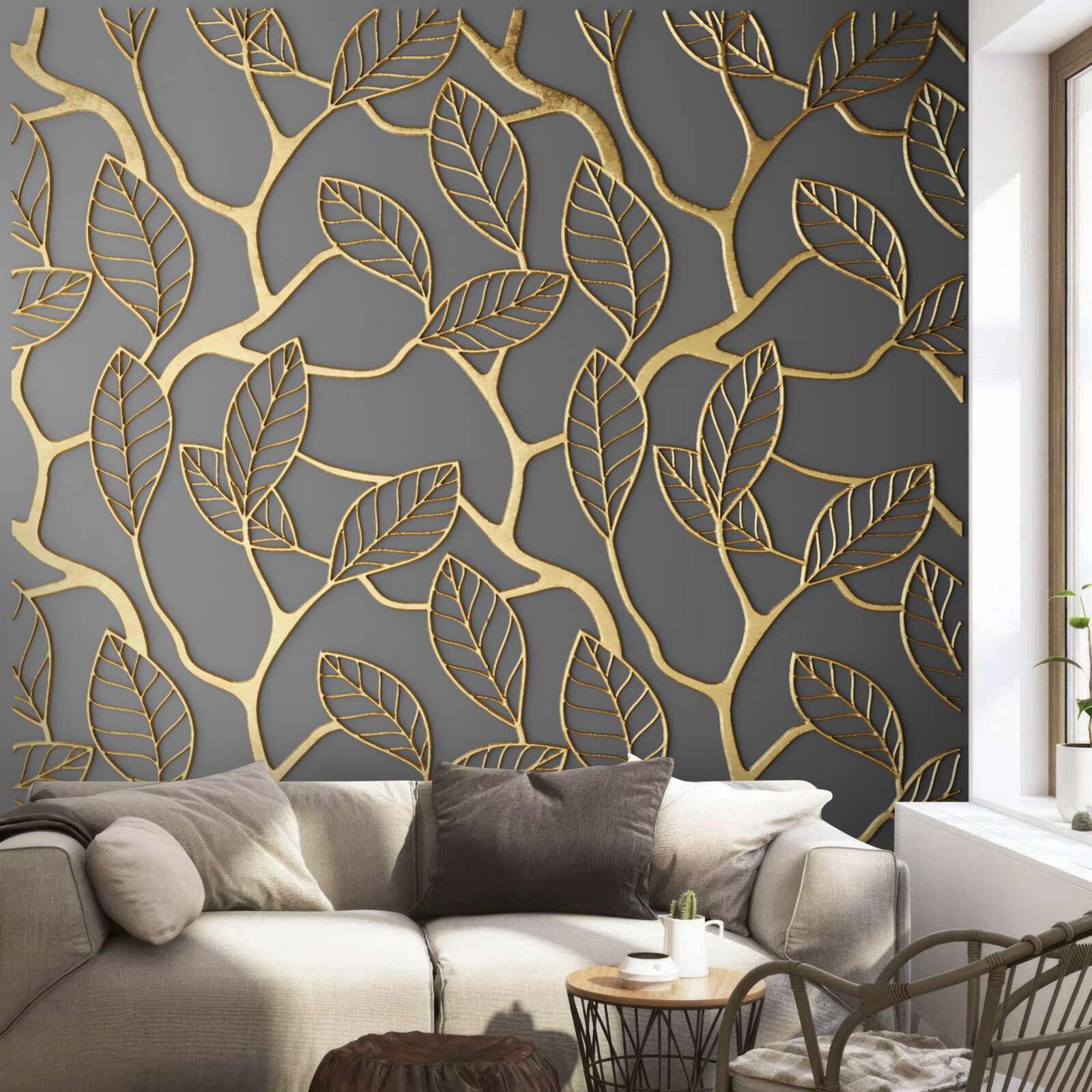 Fotobehang takken en bladeren met een gouden tint