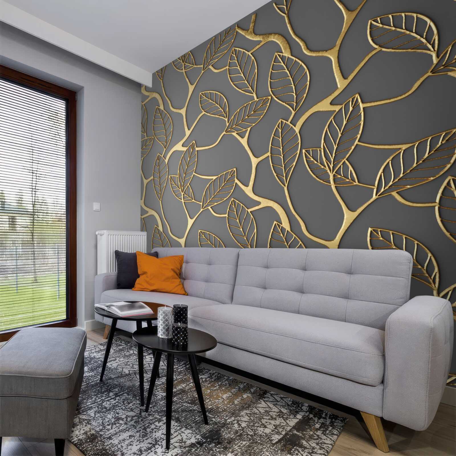 Fotobehang takken en bladeren met een gouden tint