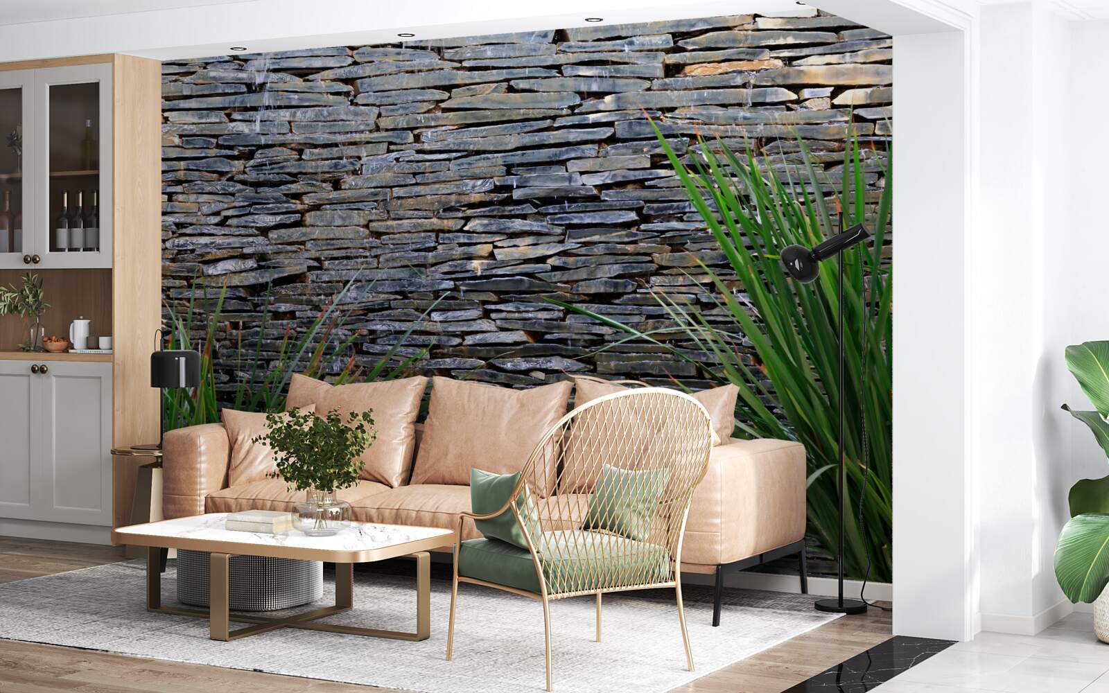 Fotobehang groene vegetatie en stenen muur