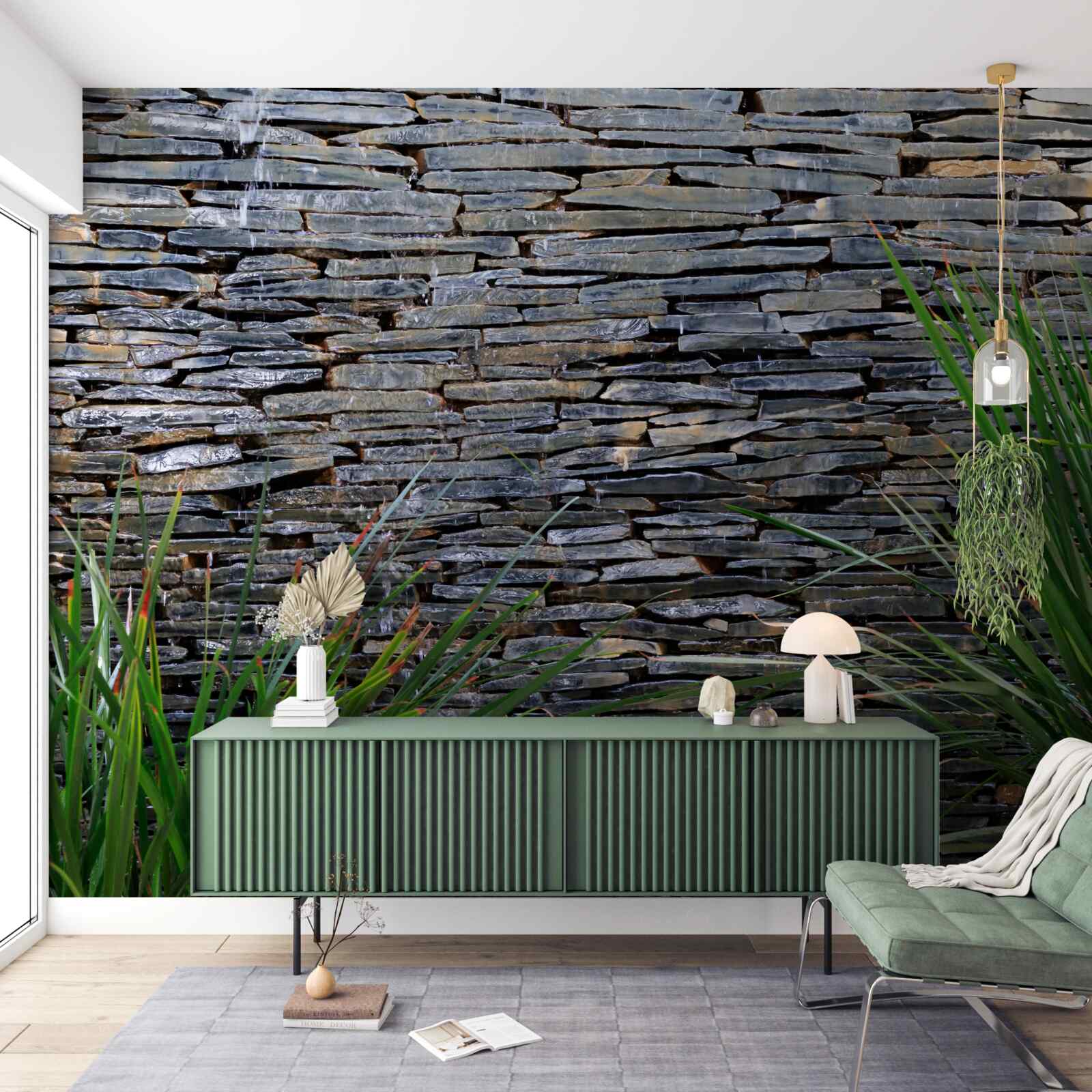 Fotobehang groene vegetatie en stenen muur