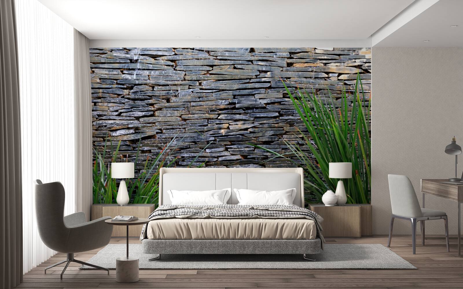 Fotobehang groene vegetatie en stenen muur