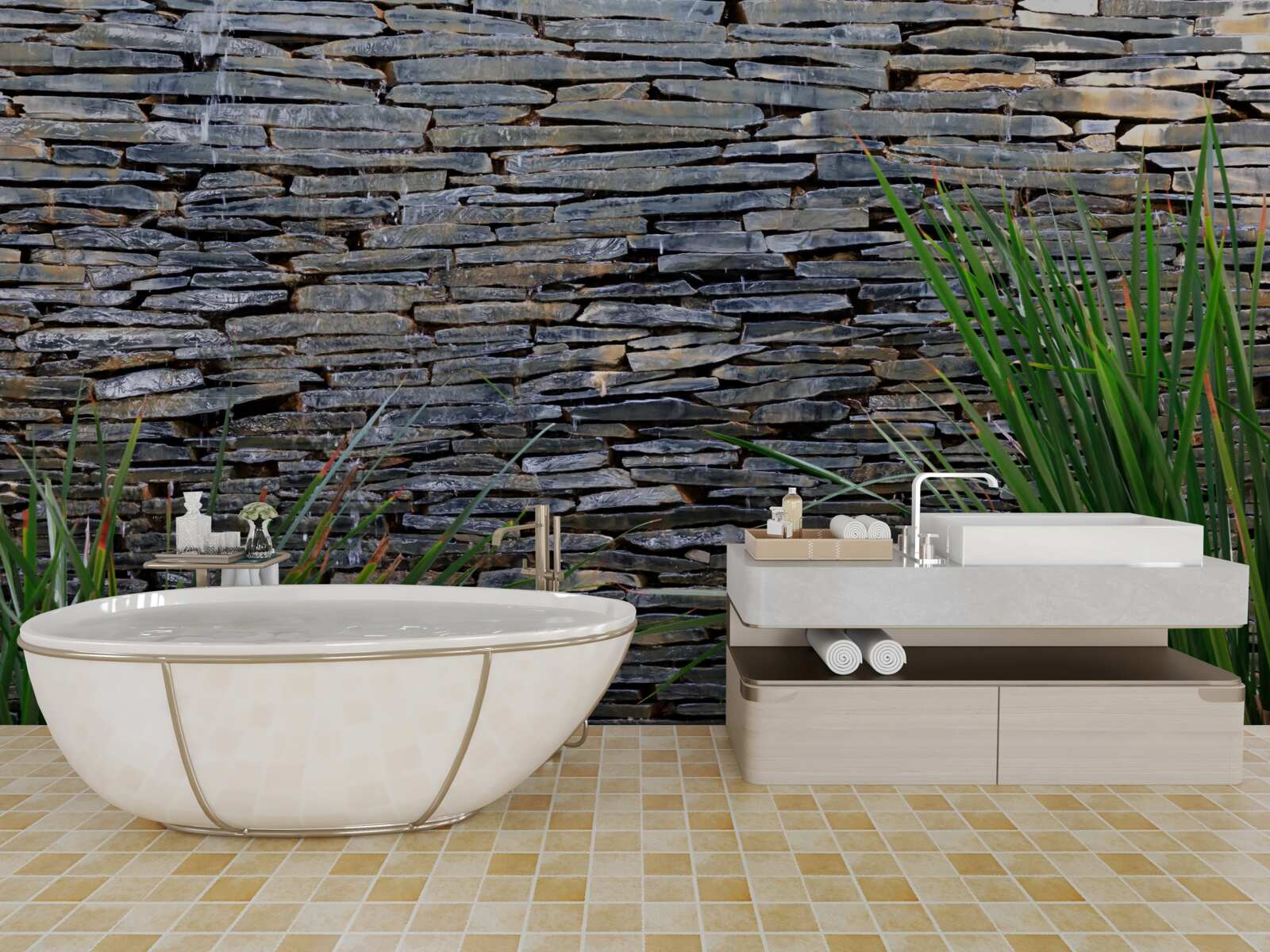 Fotobehang groene vegetatie en stenen muur