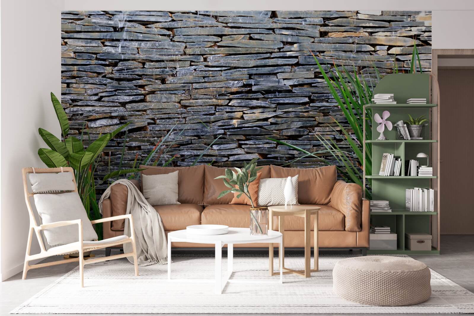 Fotobehang groene vegetatie en stenen muur