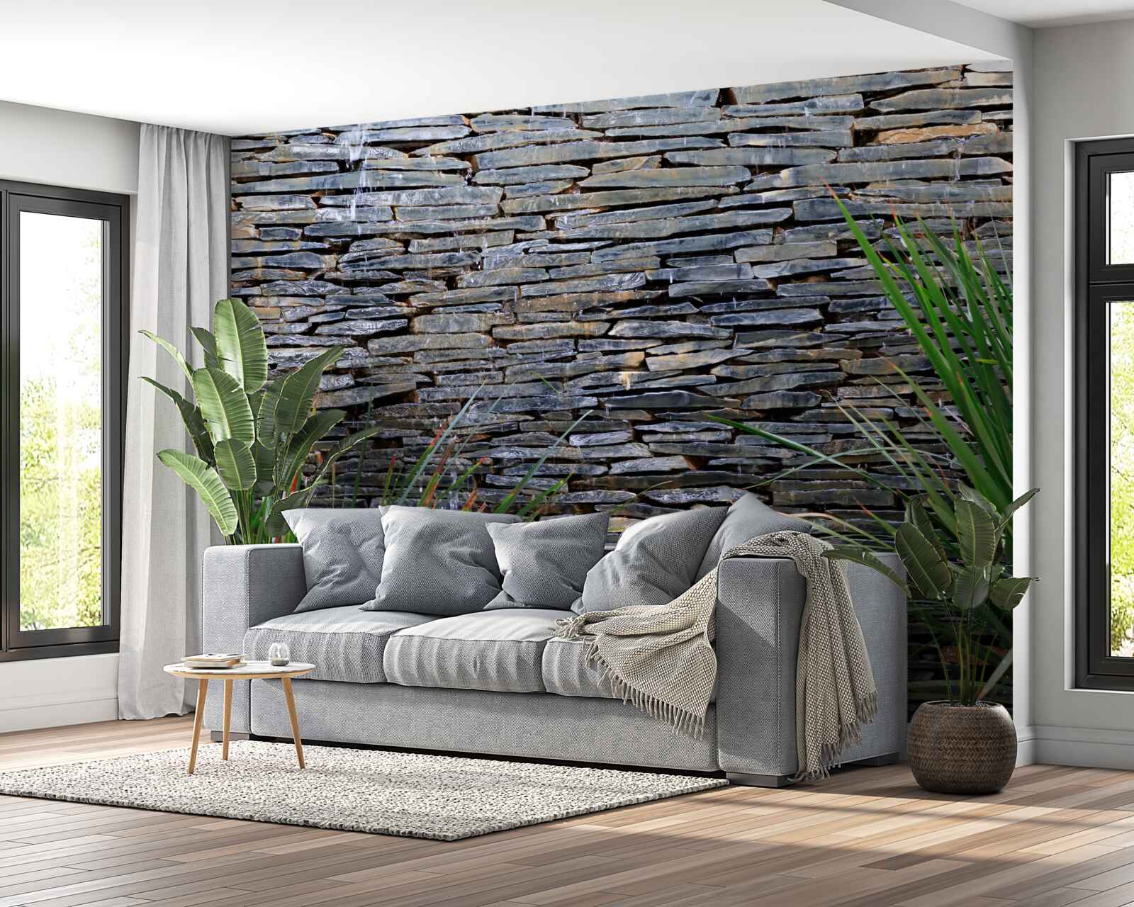 Fotobehang groene vegetatie en stenen muur