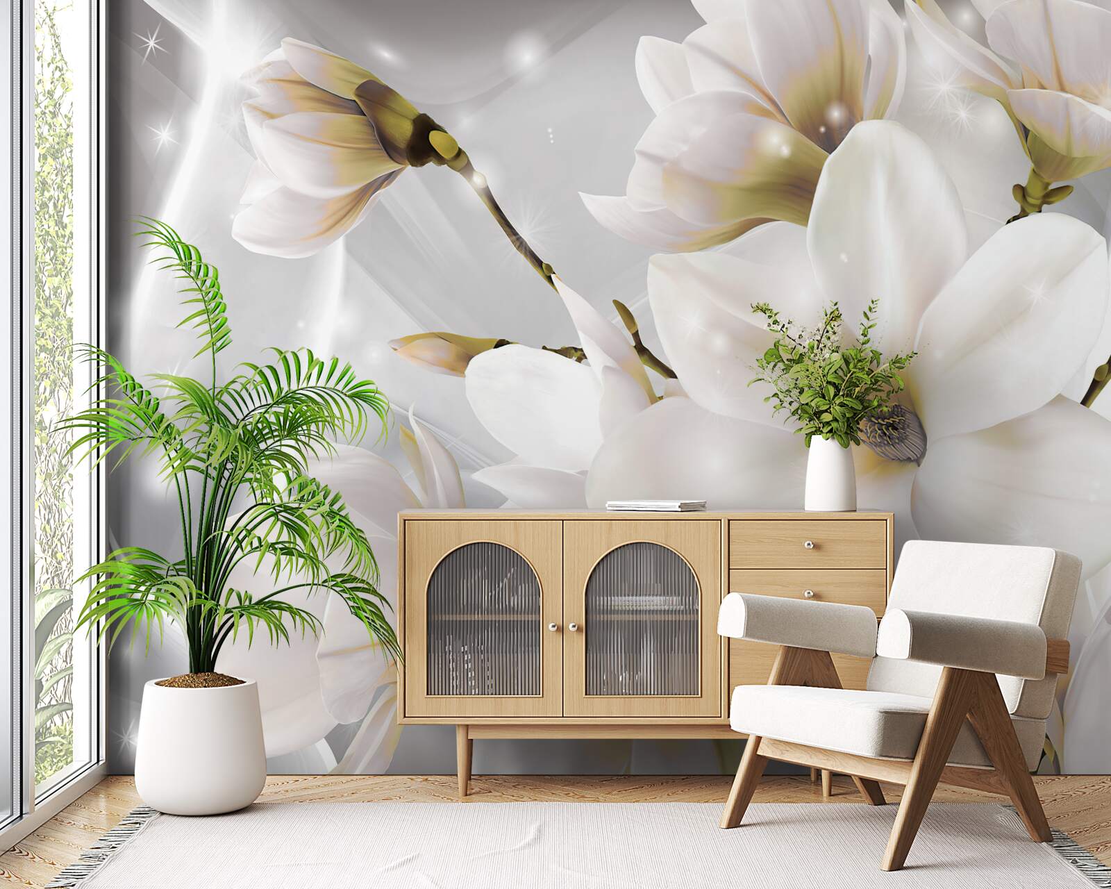 Fotobehang witte bloemen van ongelofelijke grootte