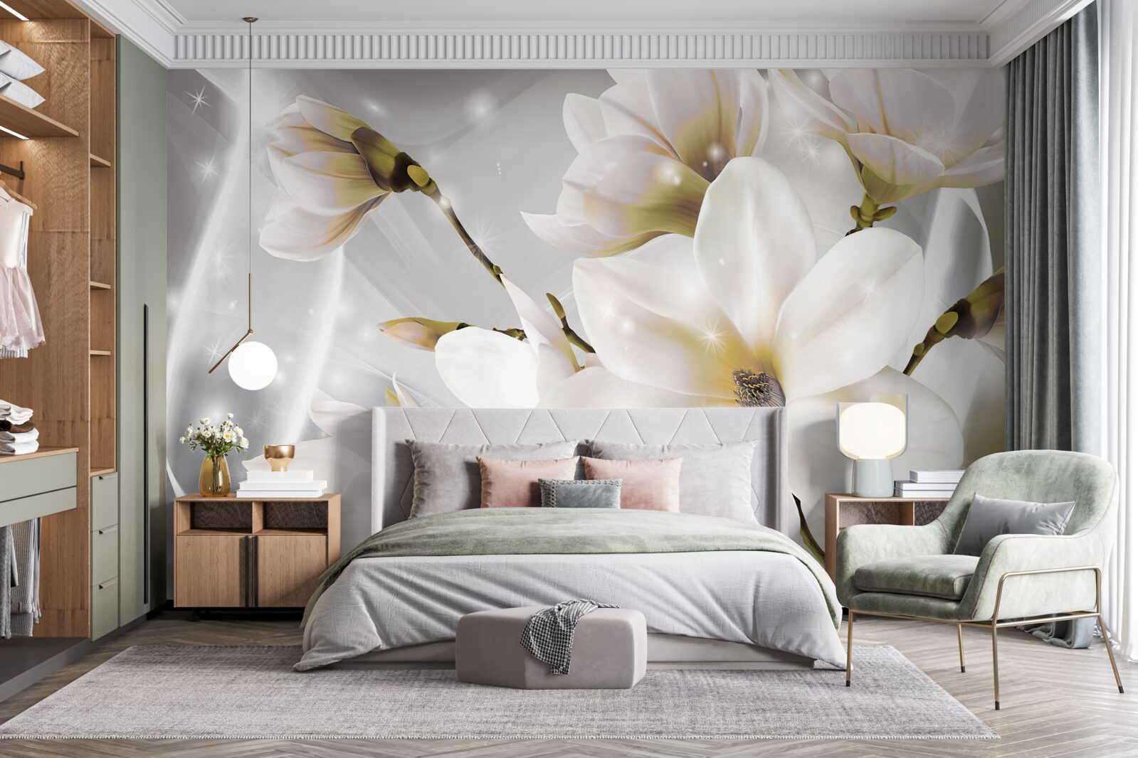 Fotobehang witte bloemen van ongelofelijke grootte