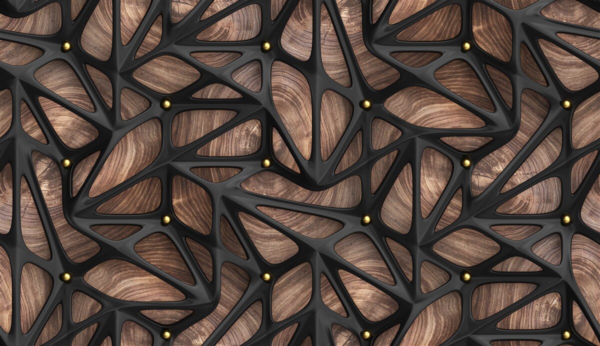 Fotobehang de houten achtergrond is versierd met een zwart patroon