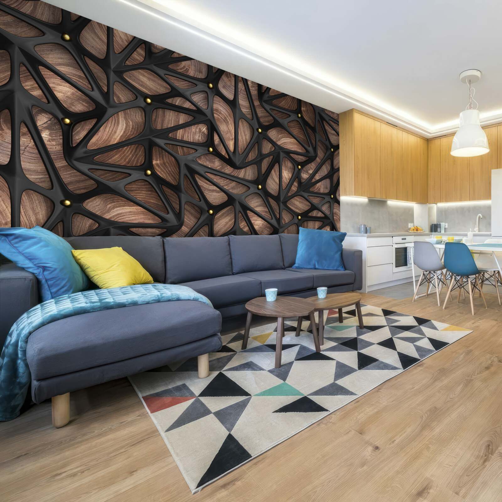 Fotobehang de houten achtergrond is versierd met een zwart patroon