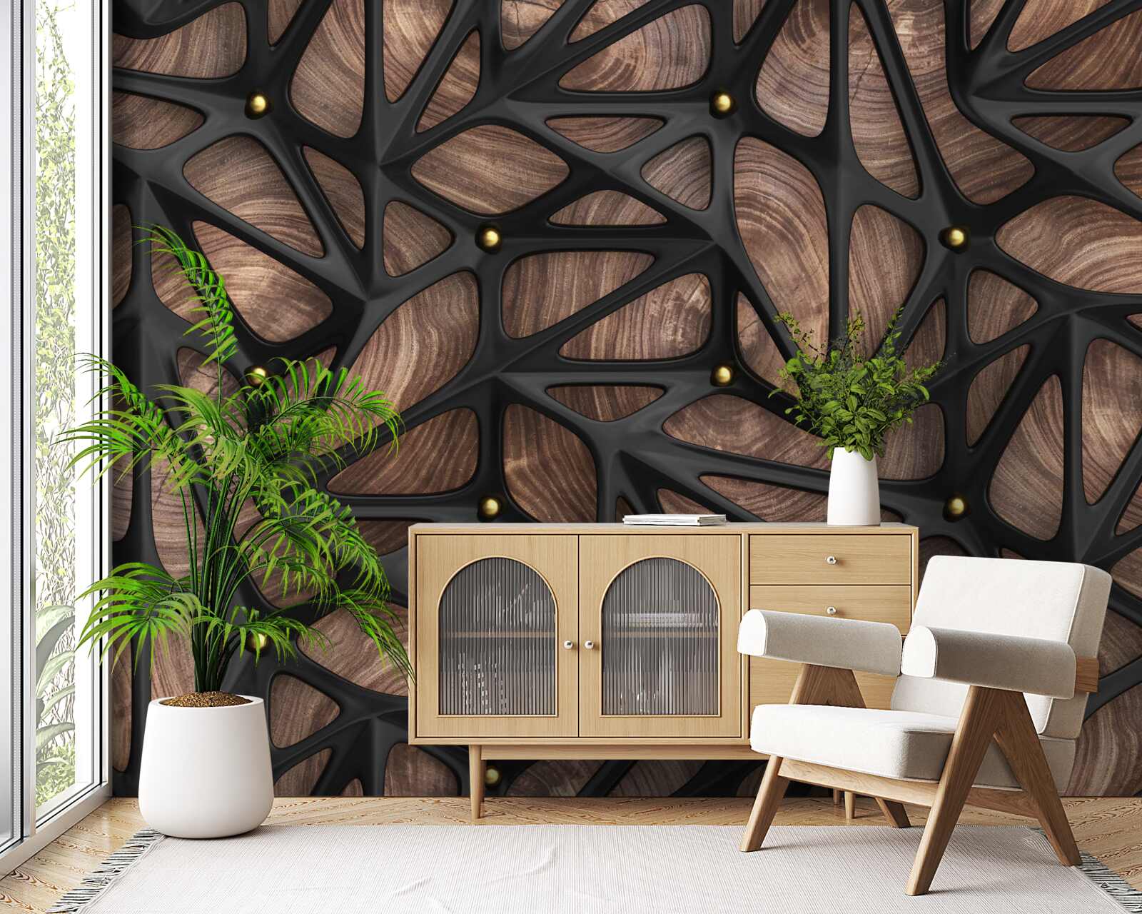 Fotobehang de houten achtergrond is versierd met een zwart patroon