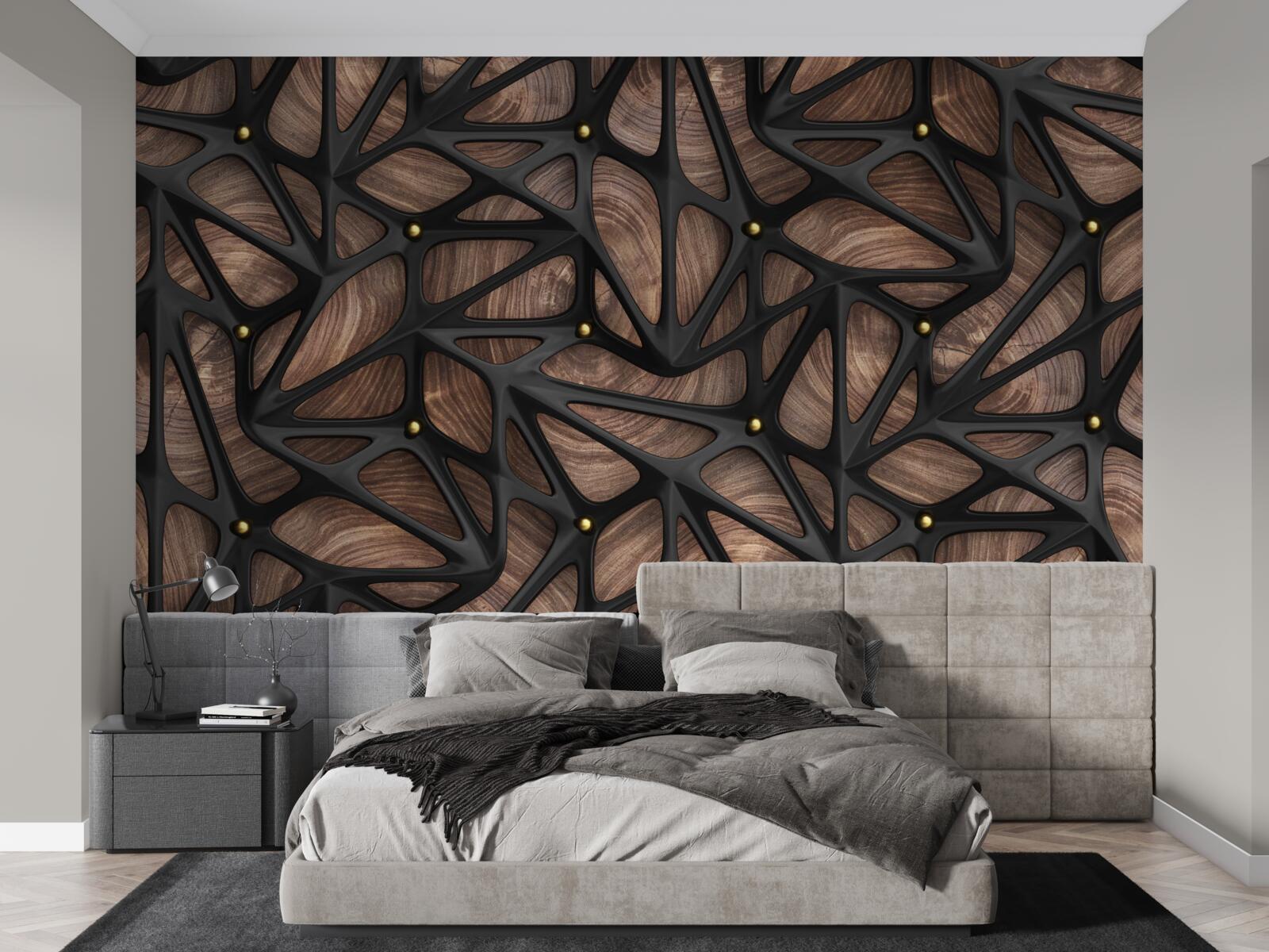 Fotobehang de houten achtergrond is versierd met een zwart patroon