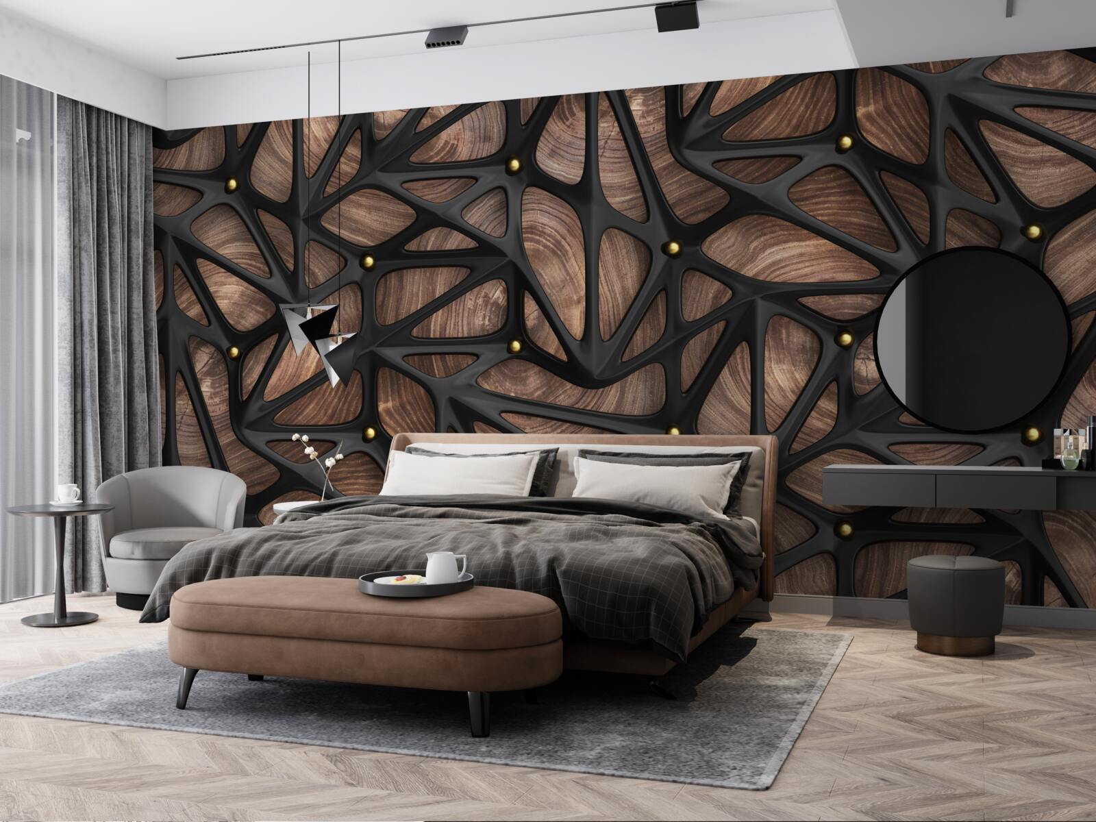 Fotobehang de houten achtergrond is versierd met een zwart patroon