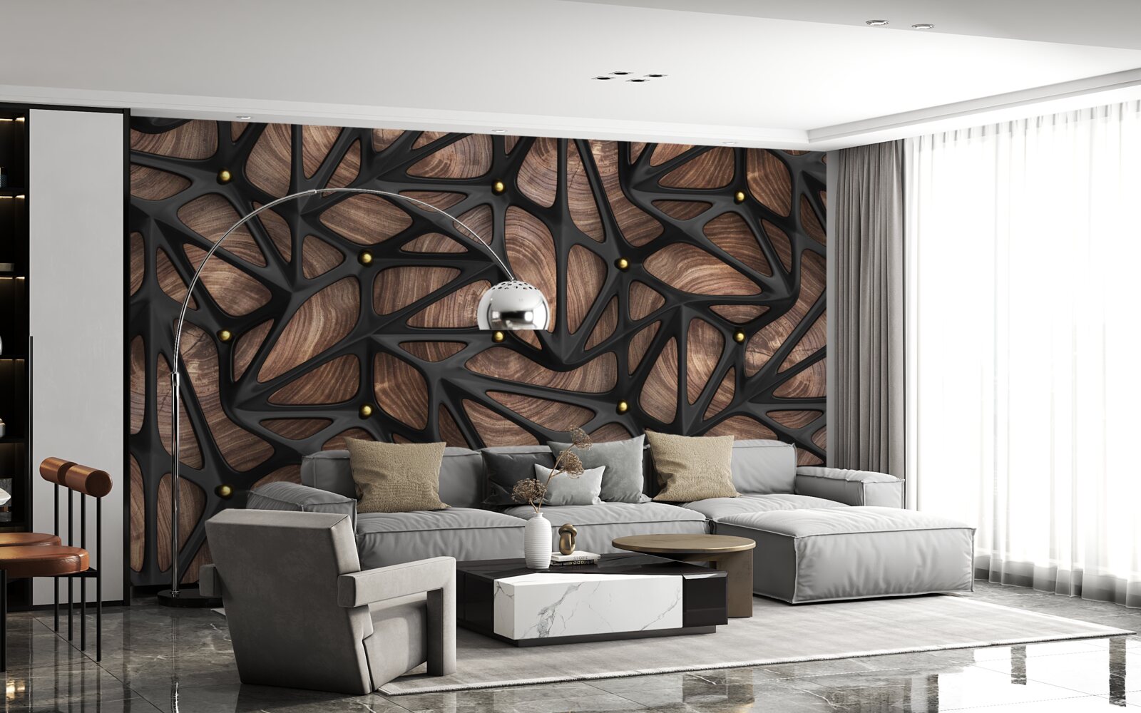 Fotobehang de houten achtergrond is versierd met een zwart patroon