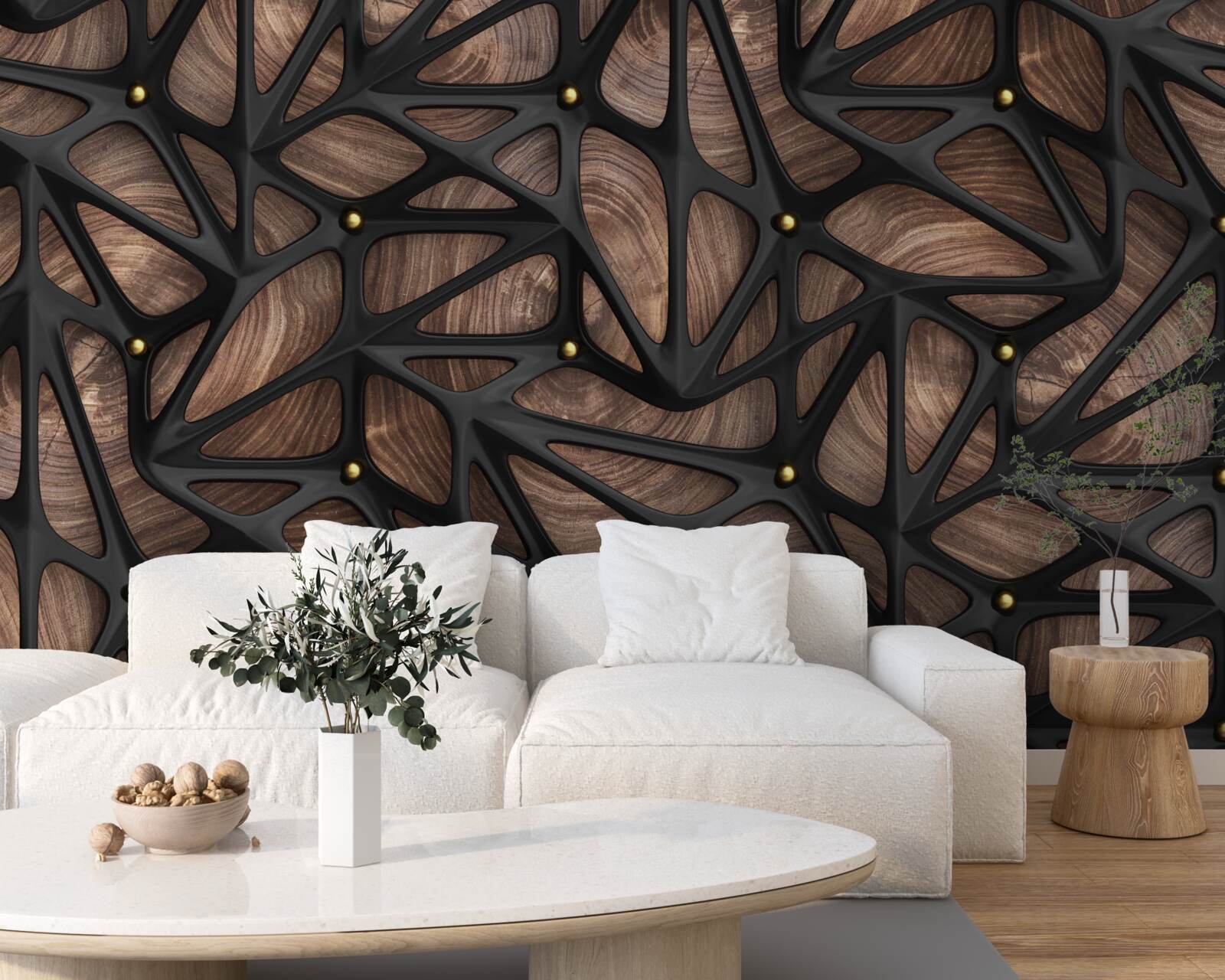 Fotobehang de houten achtergrond is versierd met een zwart patroon