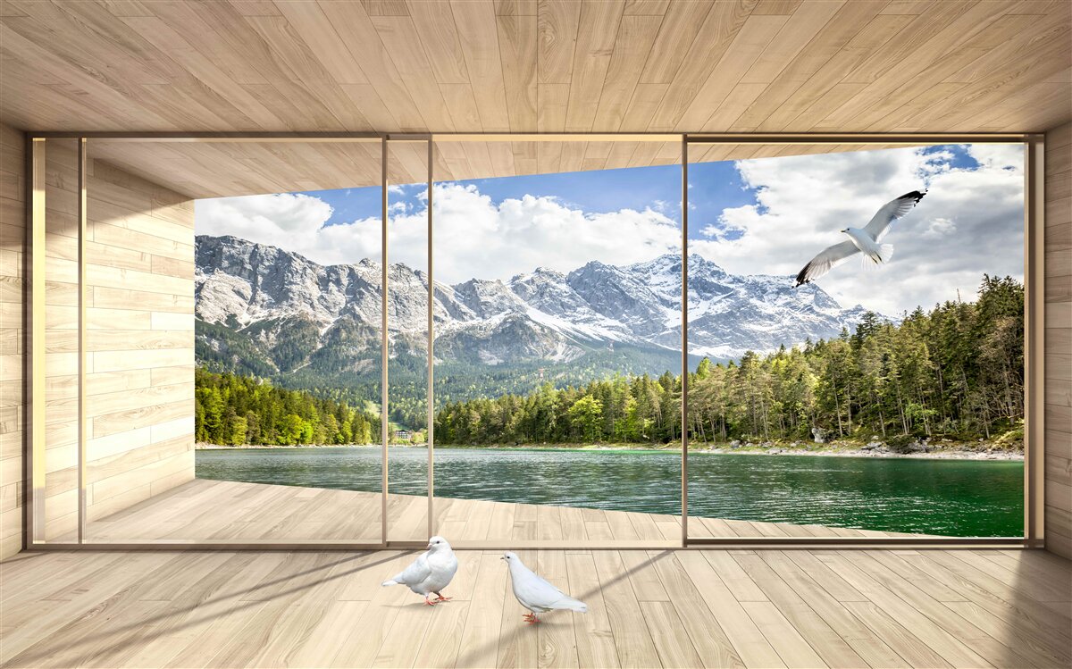 Fotobehang adembenemend rivier- en berglandschap