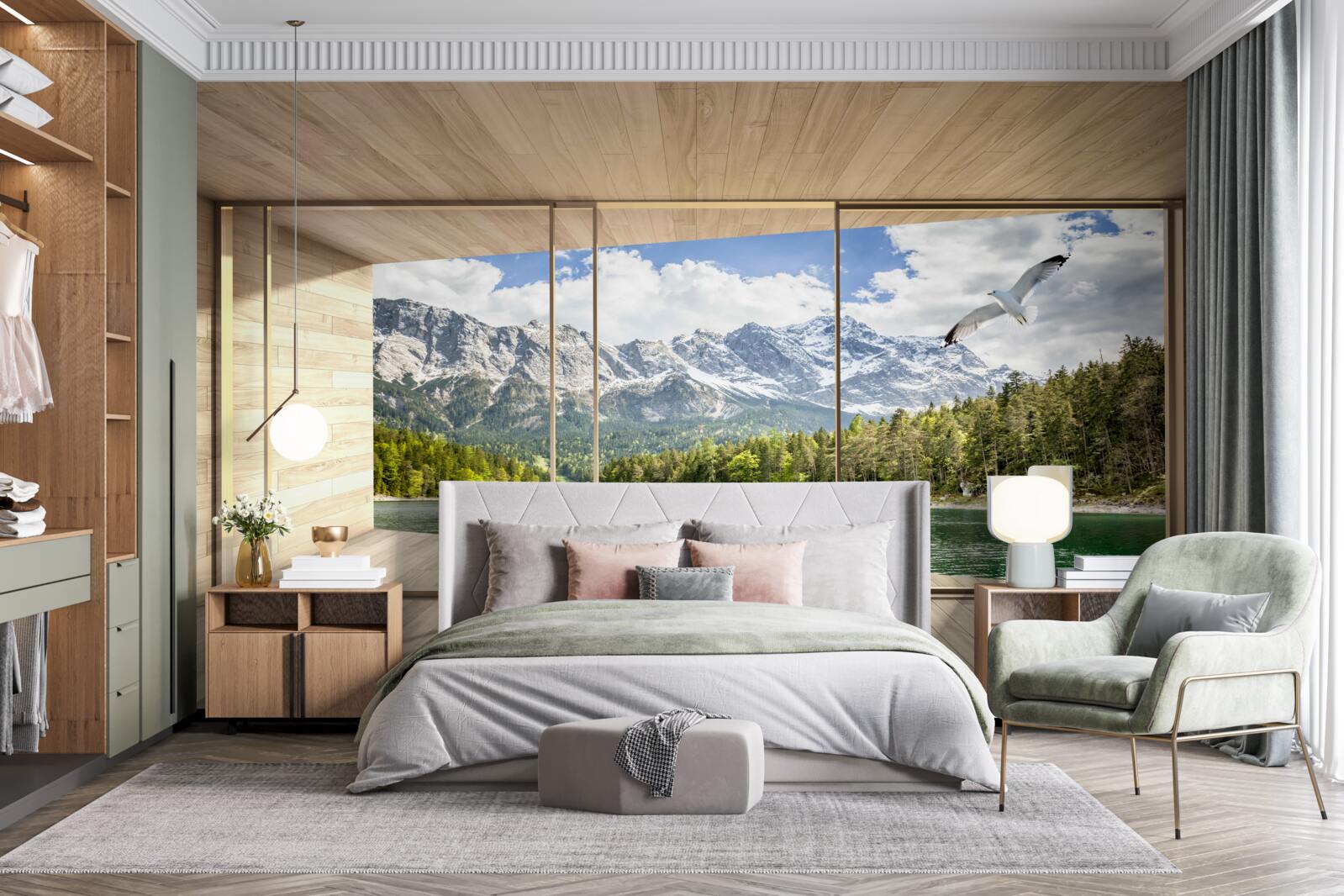 Fotobehang adembenemend rivier- en berglandschap