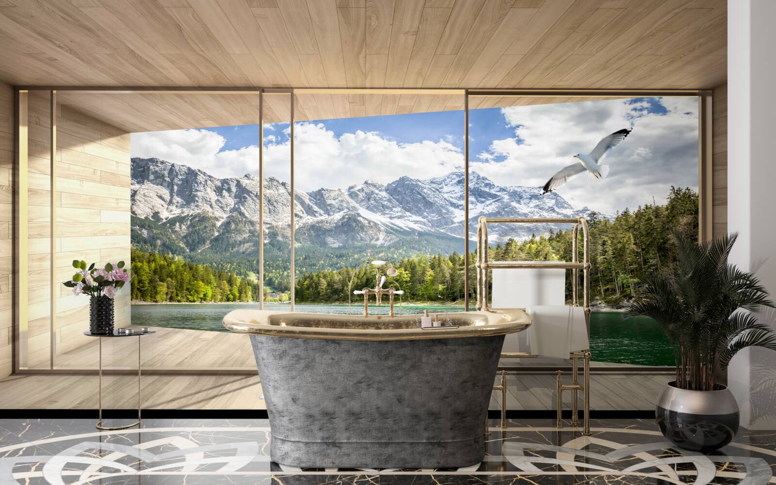 Fotobehang adembenemend rivier- en berglandschap