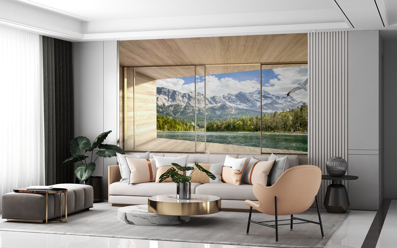 Fotobehang adembenemend rivier- en berglandschap