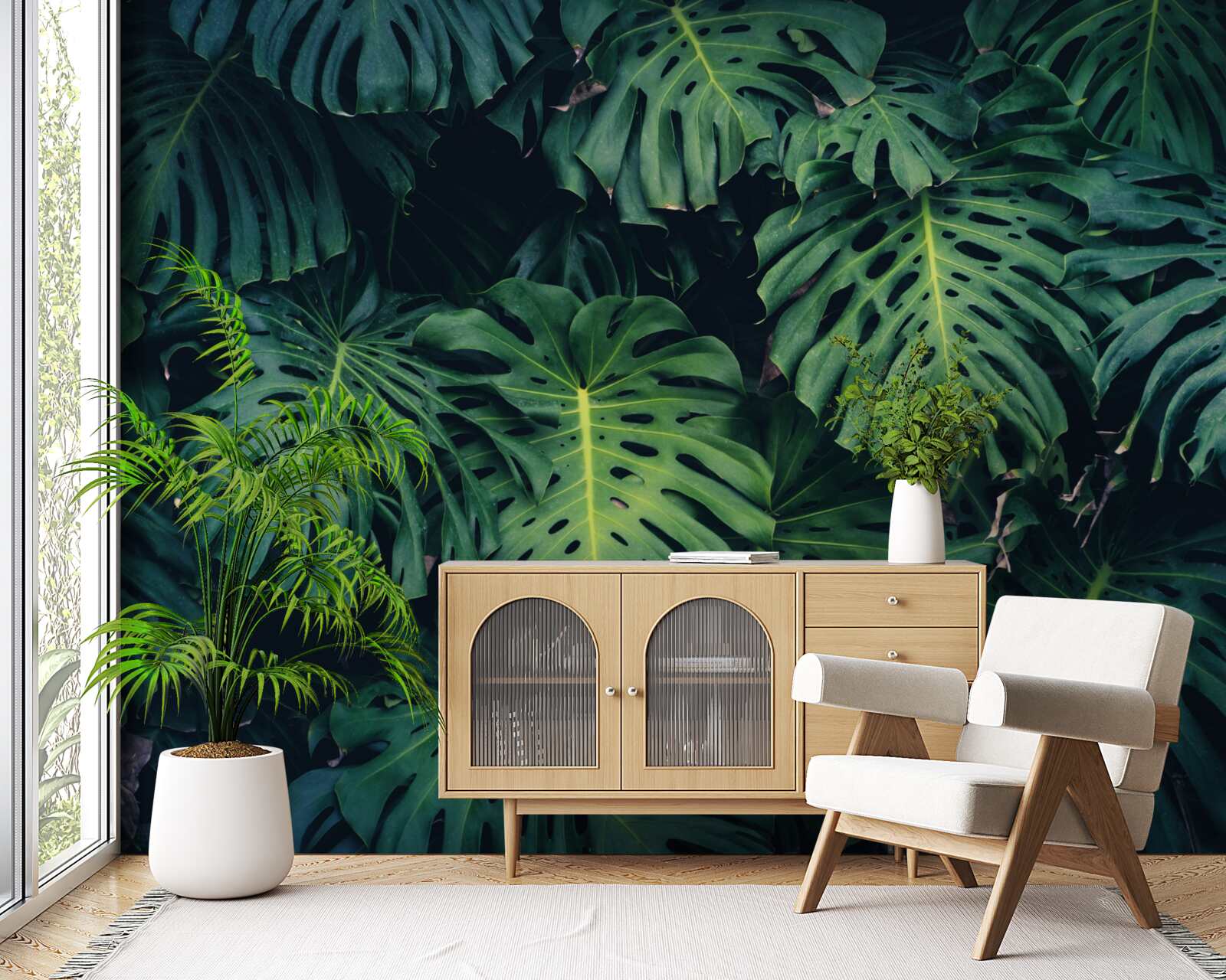 Fotobehang groene bladeren van grote palmen