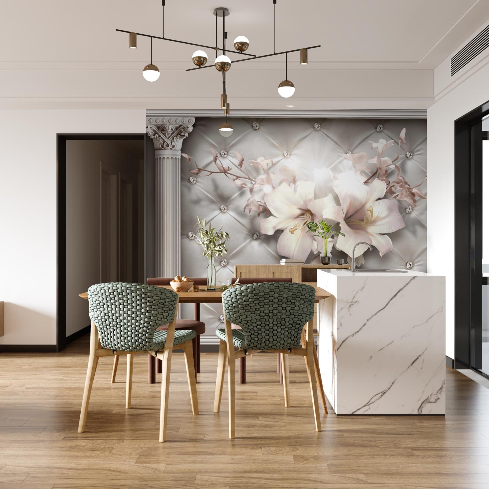 Fotobehang grote sneeuwwitte lelies die de muur versieren