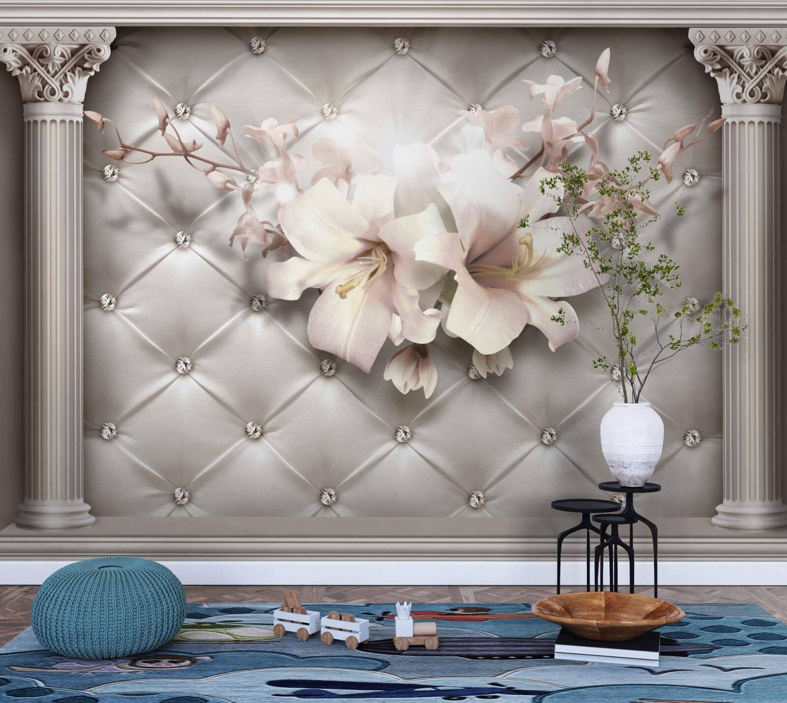 Fotobehang grote sneeuwwitte lelies die de muur versieren