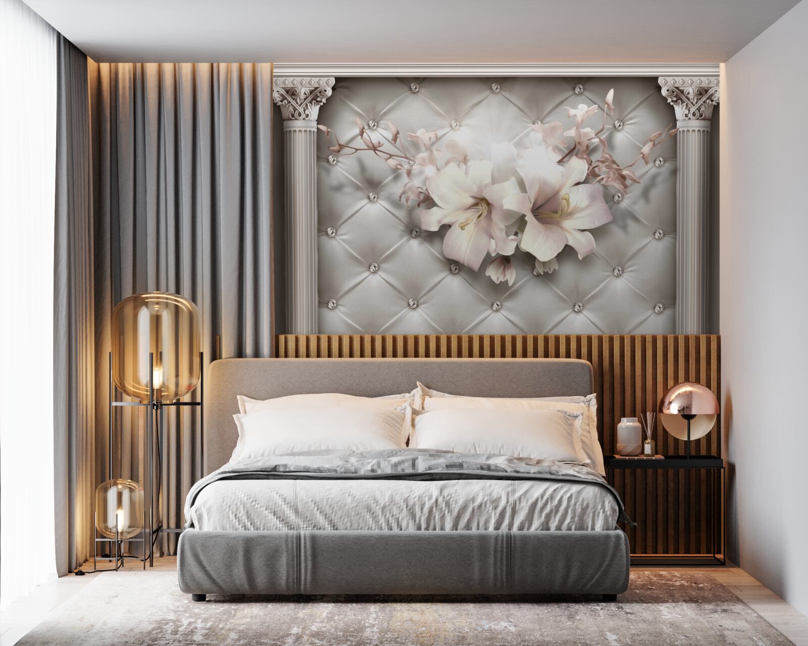 Fotobehang grote sneeuwwitte lelies die de muur versieren