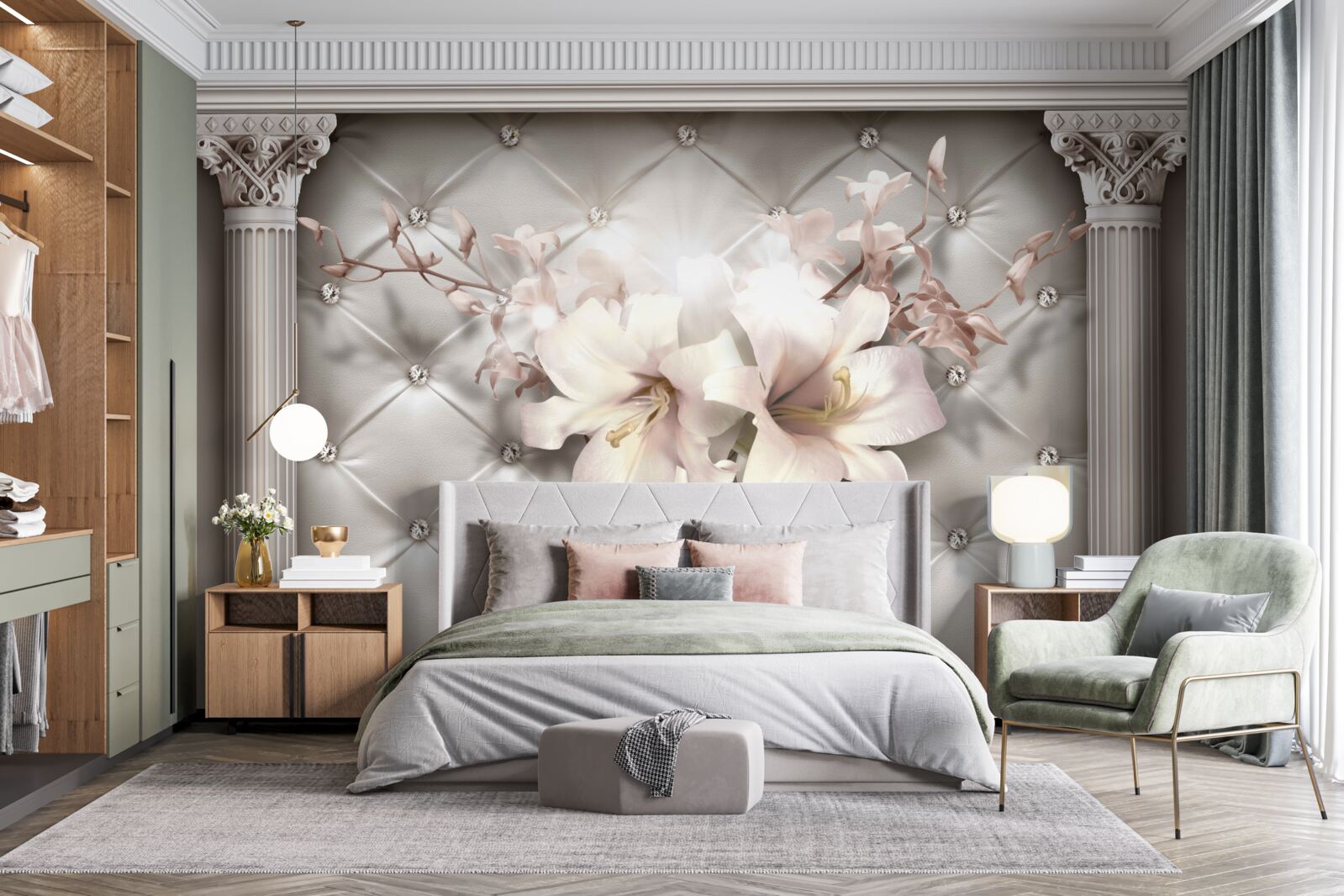 Fotobehang grote sneeuwwitte lelies die de muur versieren