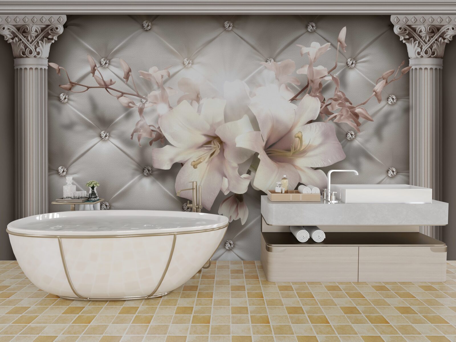 Fotobehang grote sneeuwwitte lelies die de muur versieren