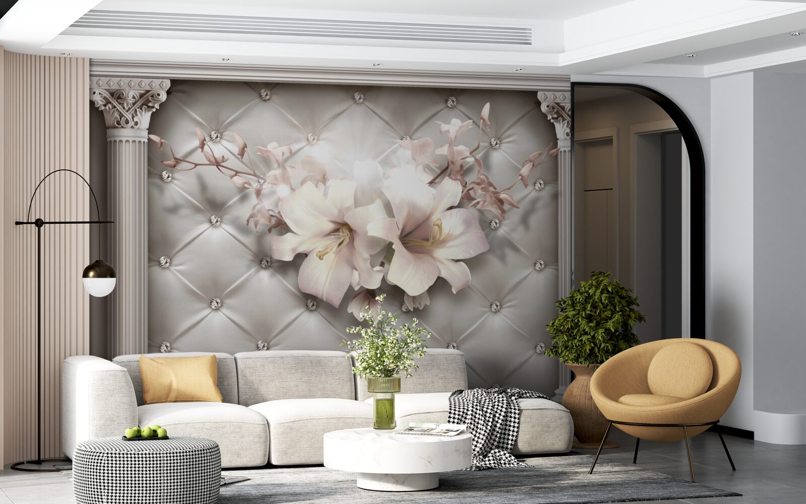 Fotobehang grote sneeuwwitte lelies die de muur versieren