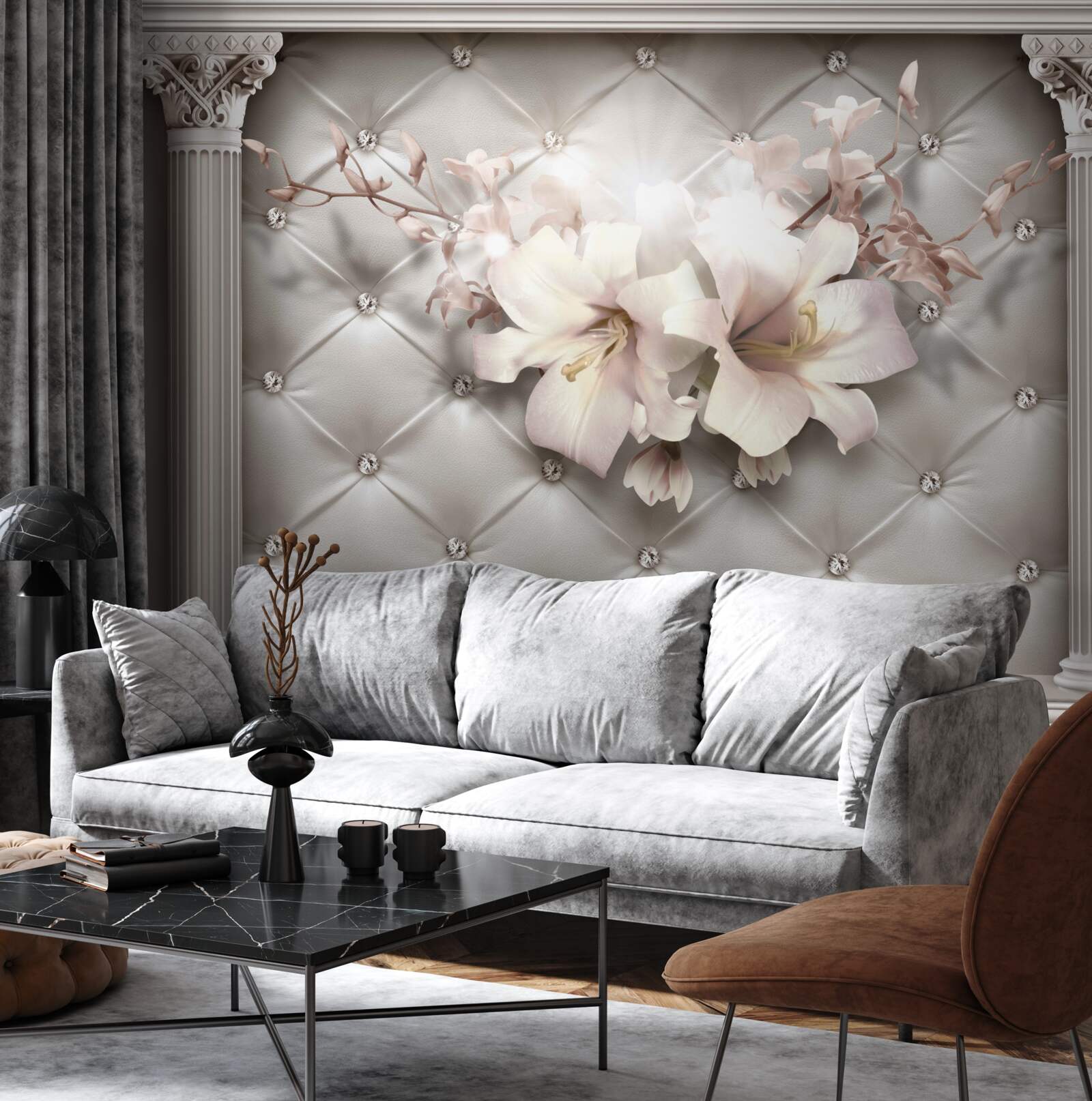 Fotobehang grote sneeuwwitte lelies die de muur versieren