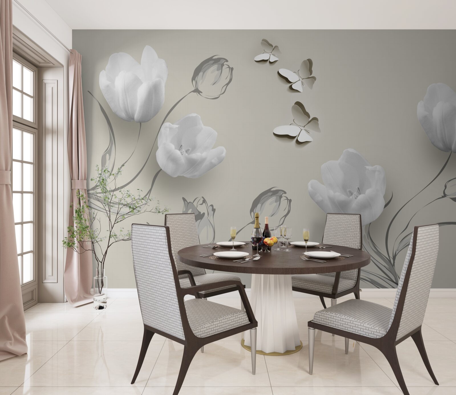 Fotobehang puur zilveren tulpen en vlinders in de buurt