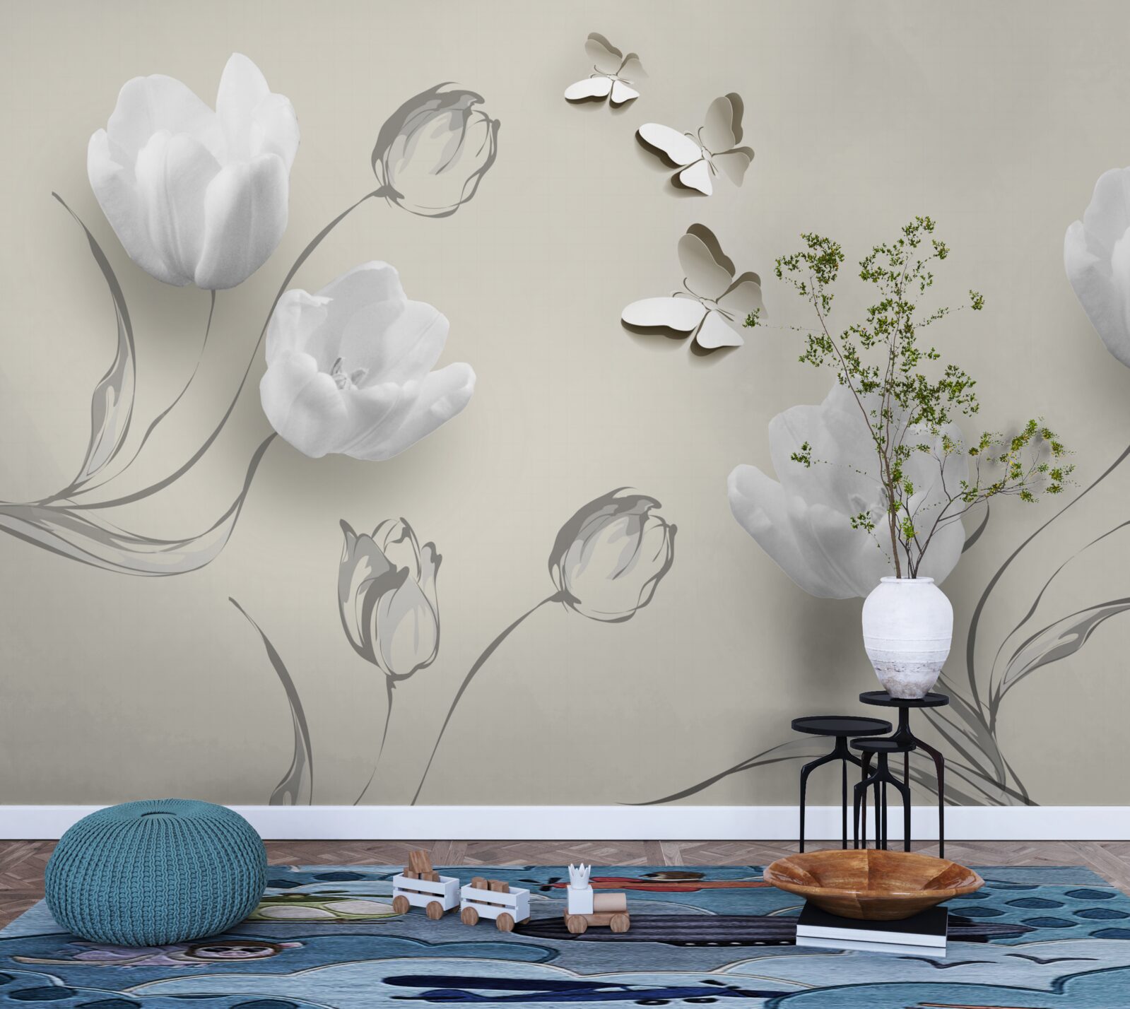 Fotobehang puur zilveren tulpen en vlinders in de buurt