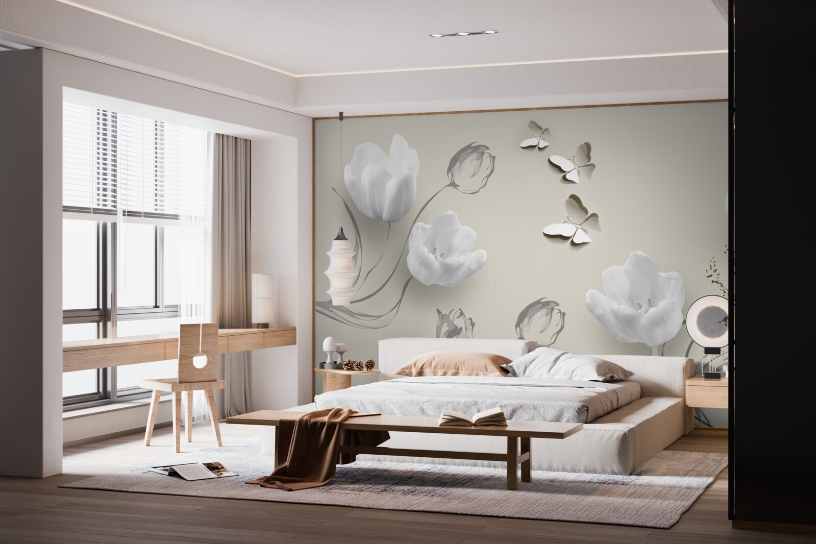 Fotobehang puur zilveren tulpen en vlinders in de buurt