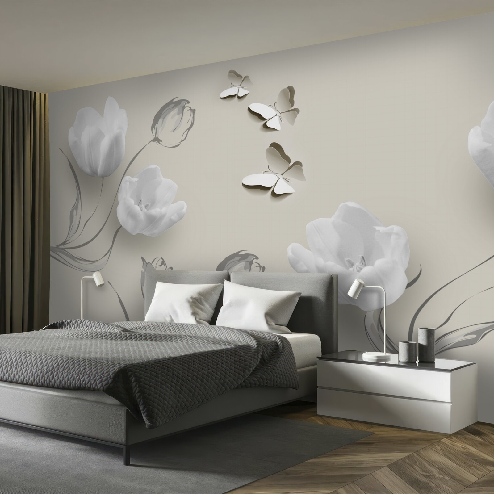 Fotobehang puur zilveren tulpen en vlinders in de buurt