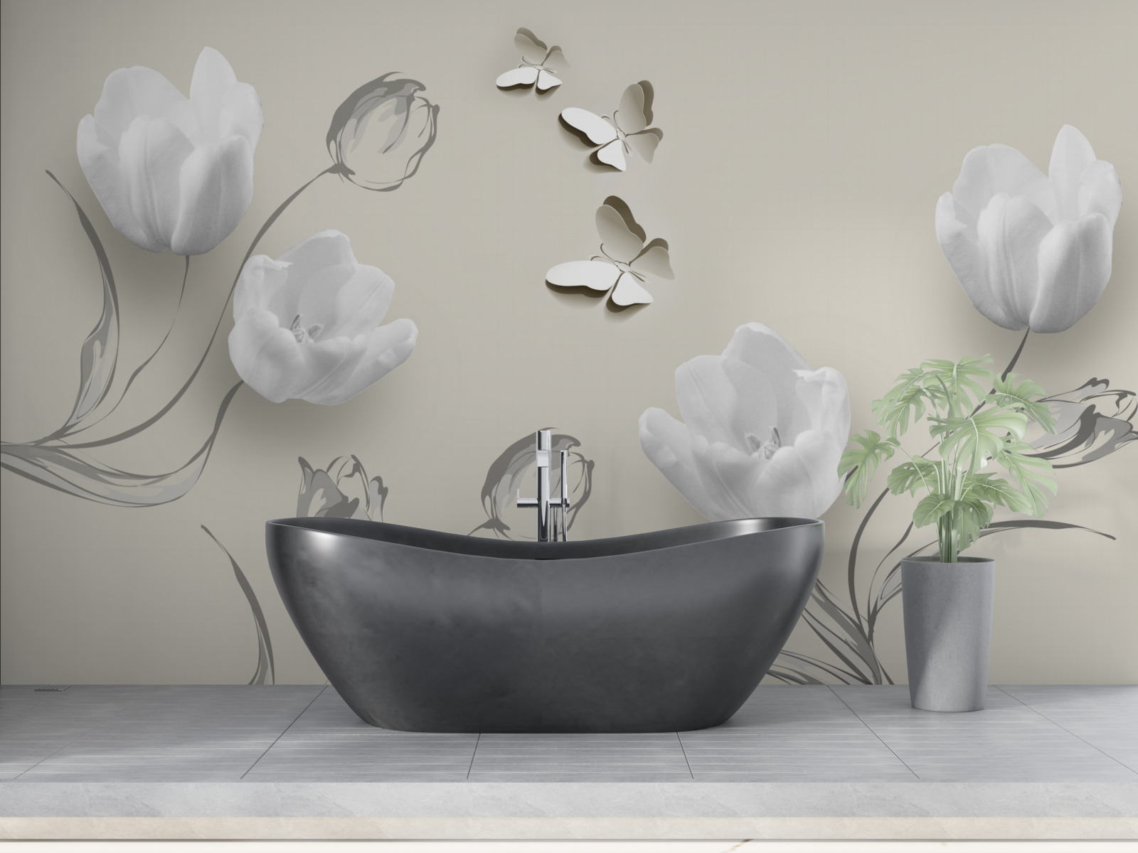 Fotobehang puur zilveren tulpen en vlinders in de buurt