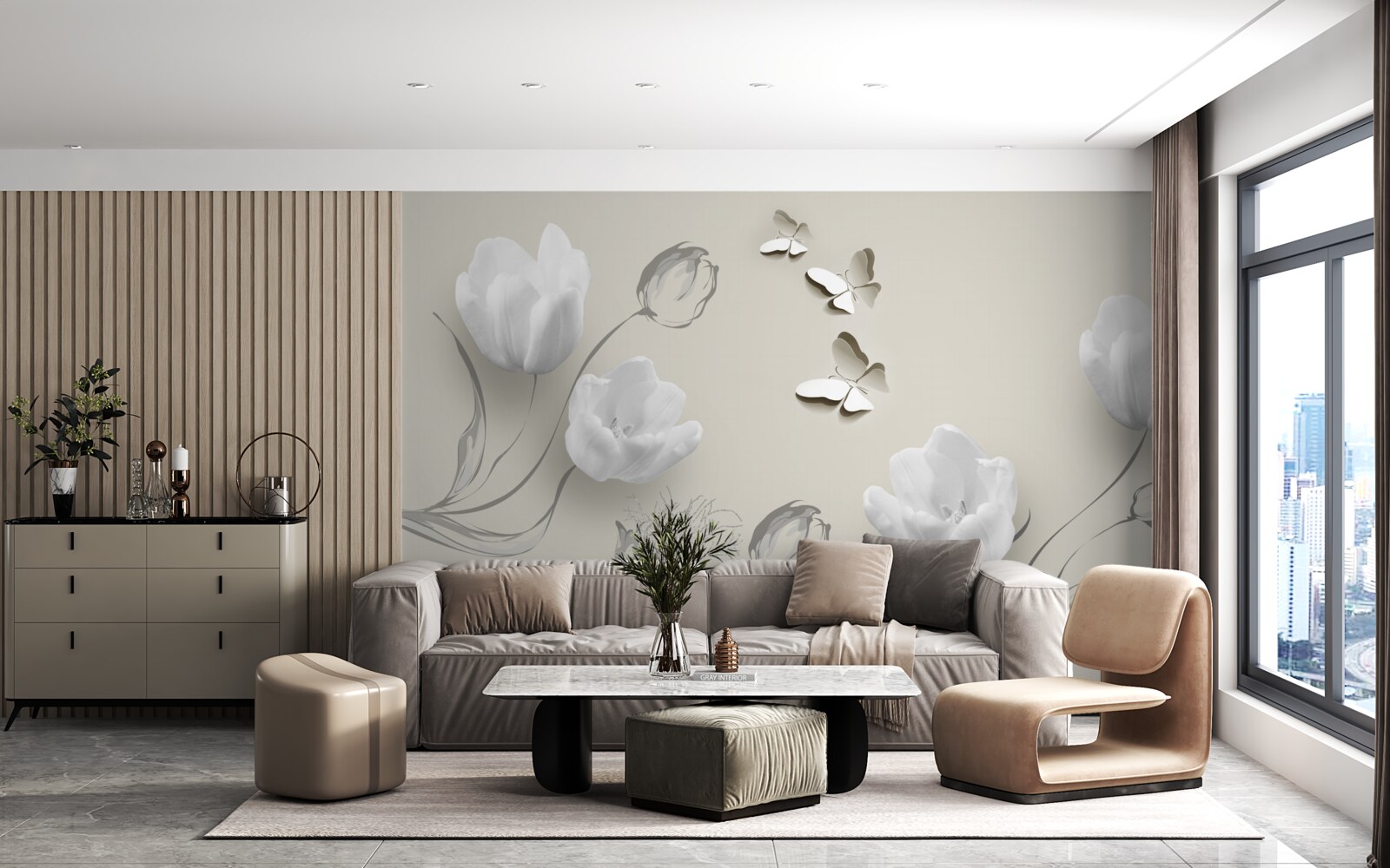 Fotobehang puur zilveren tulpen en vlinders in de buurt