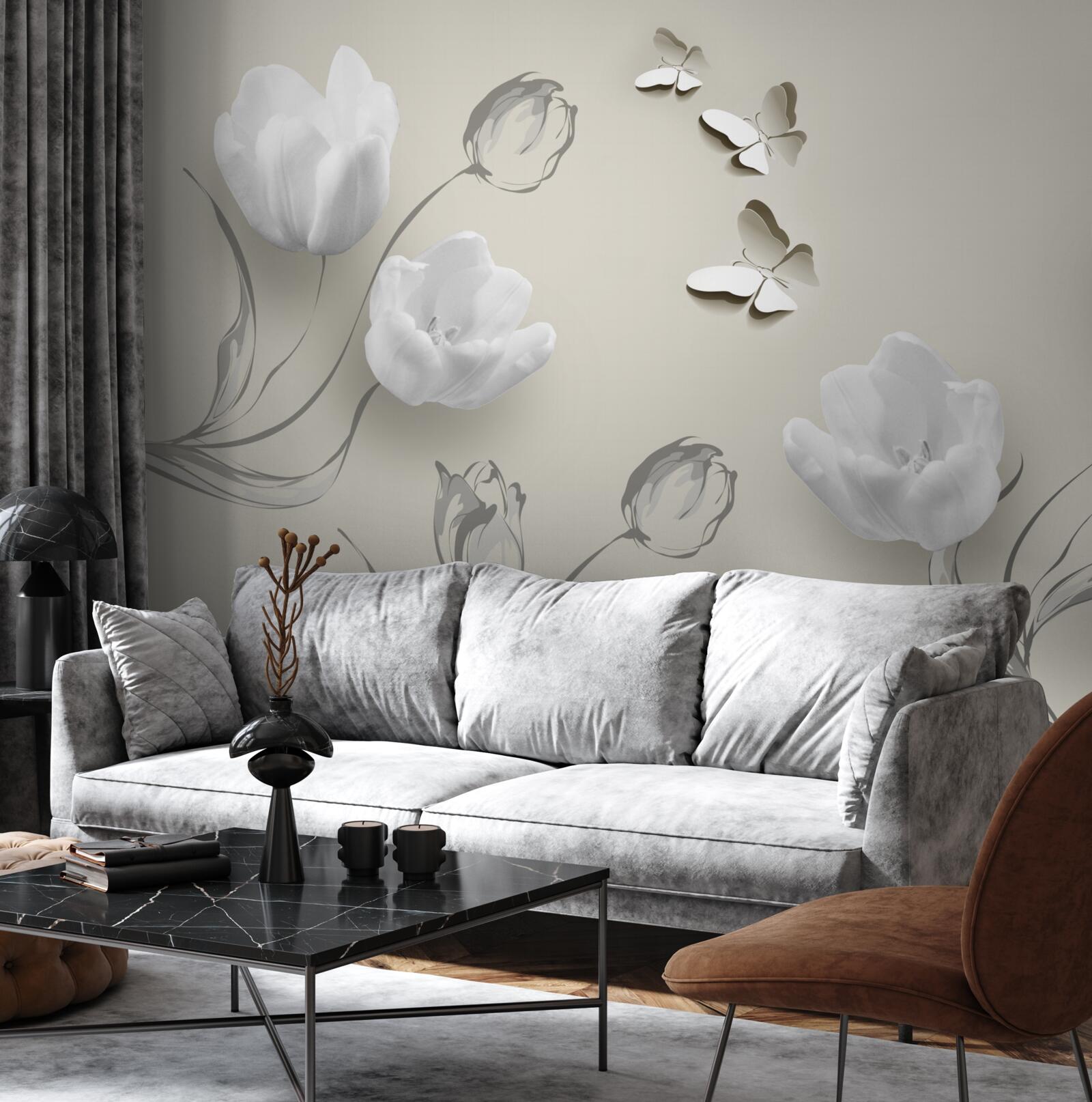 Fotobehang puur zilveren tulpen en vlinders in de buurt