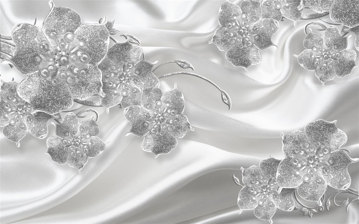 Fotobehang witte satijnen stof met grijze bloemen