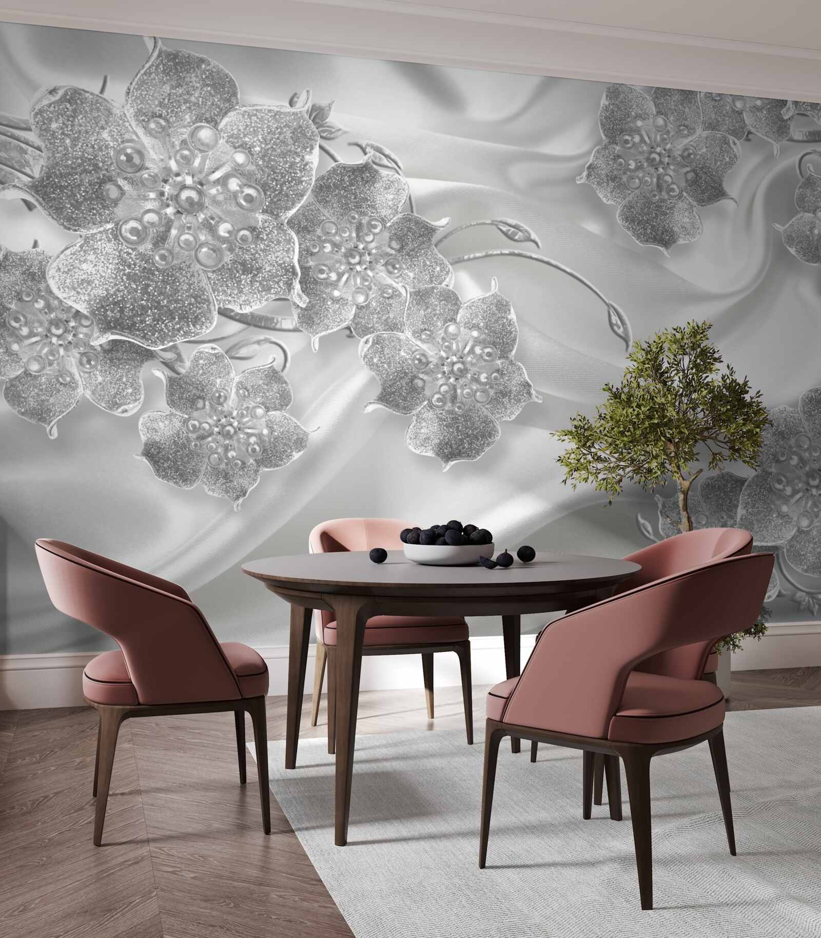 Fotobehang witte satijnen stof met grijze bloemen