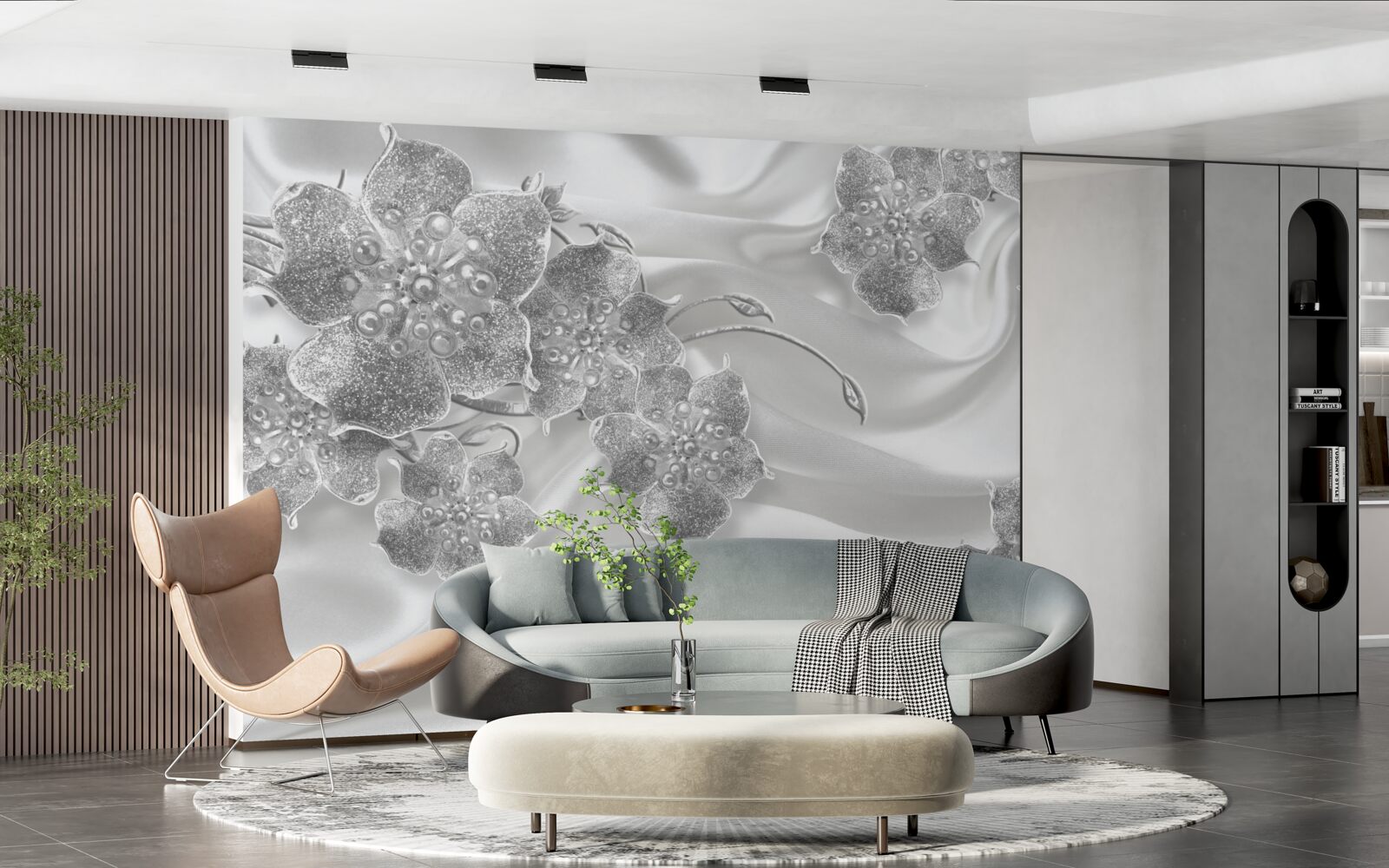 Fotobehang witte satijnen stof met grijze bloemen