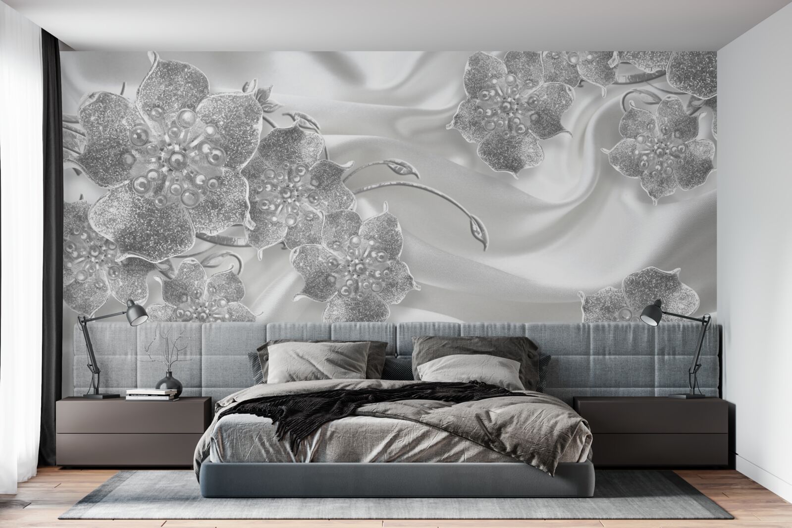 Fotobehang witte satijnen stof met grijze bloemen