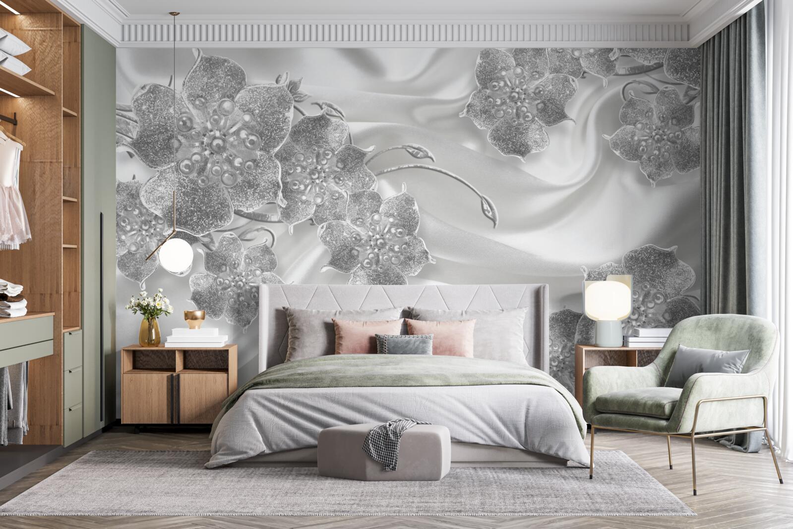 Fotobehang witte satijnen stof met grijze bloemen