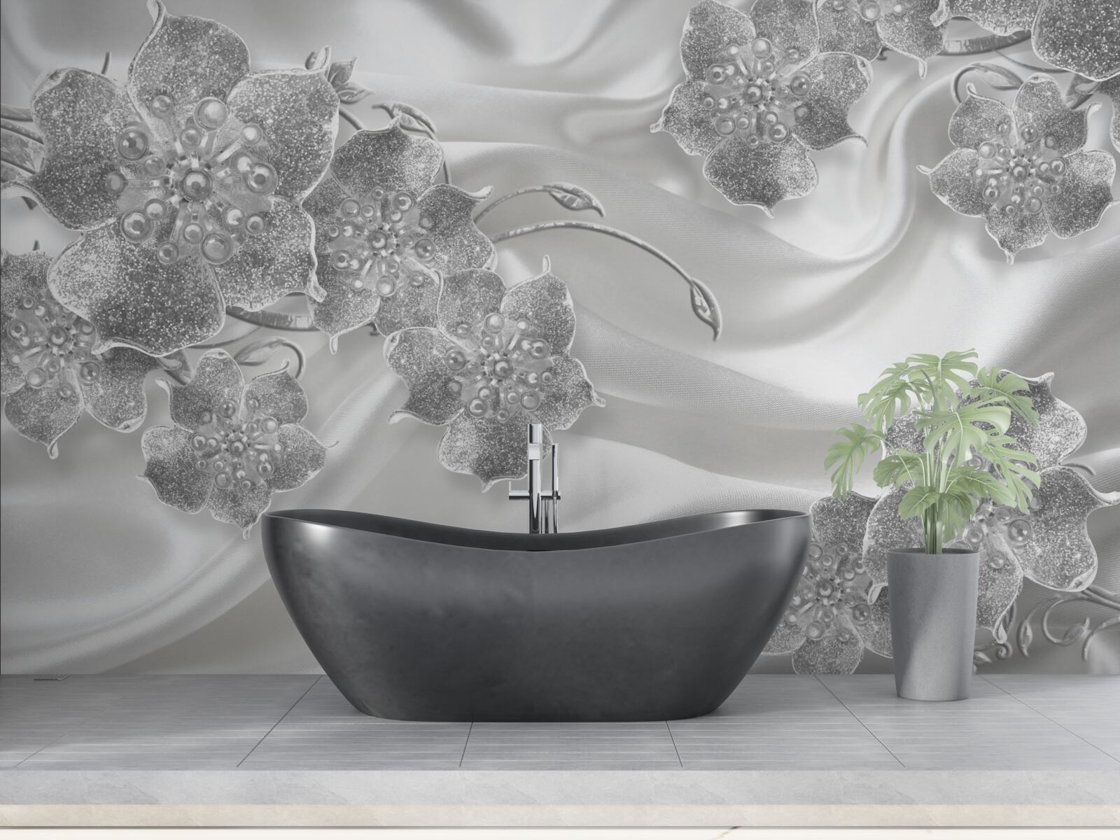 Fotobehang witte satijnen stof met grijze bloemen