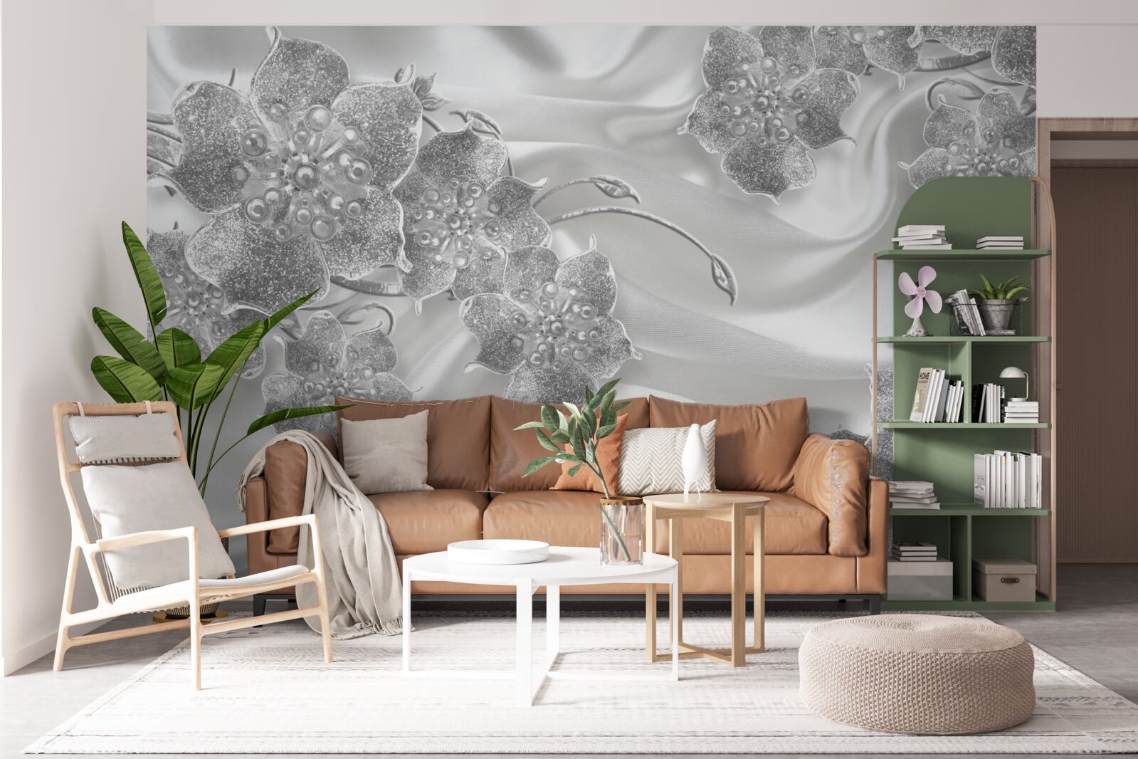 Fotobehang witte satijnen stof met grijze bloemen