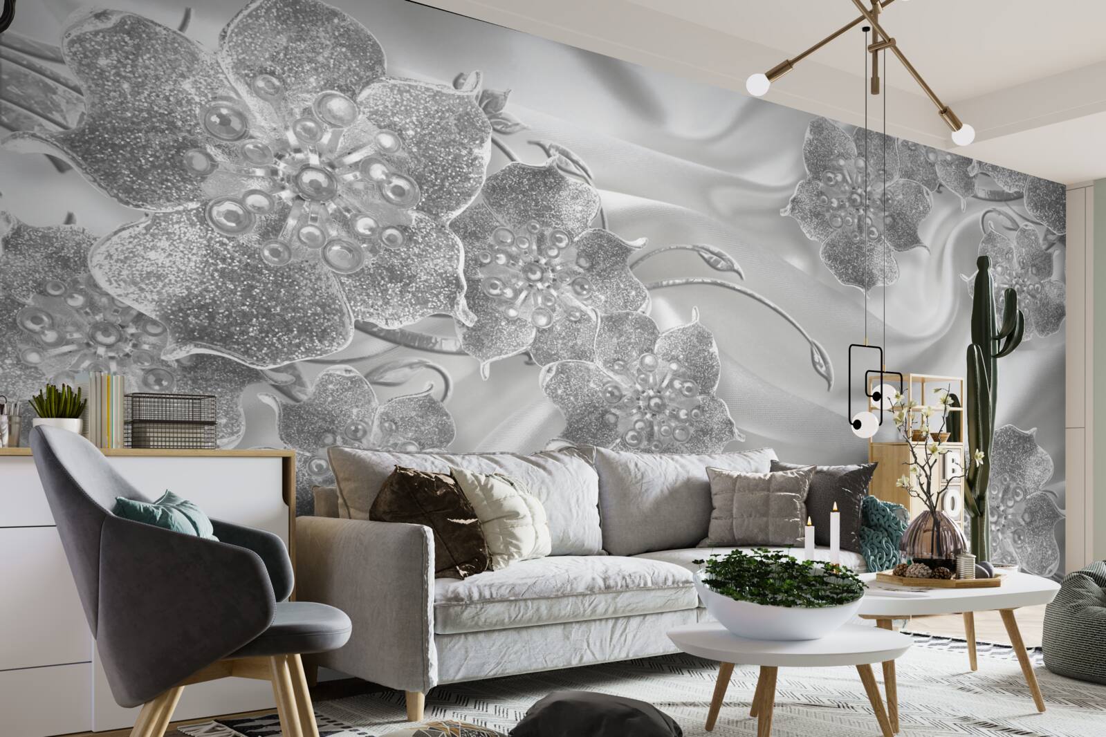 Fotobehang witte satijnen stof met grijze bloemen