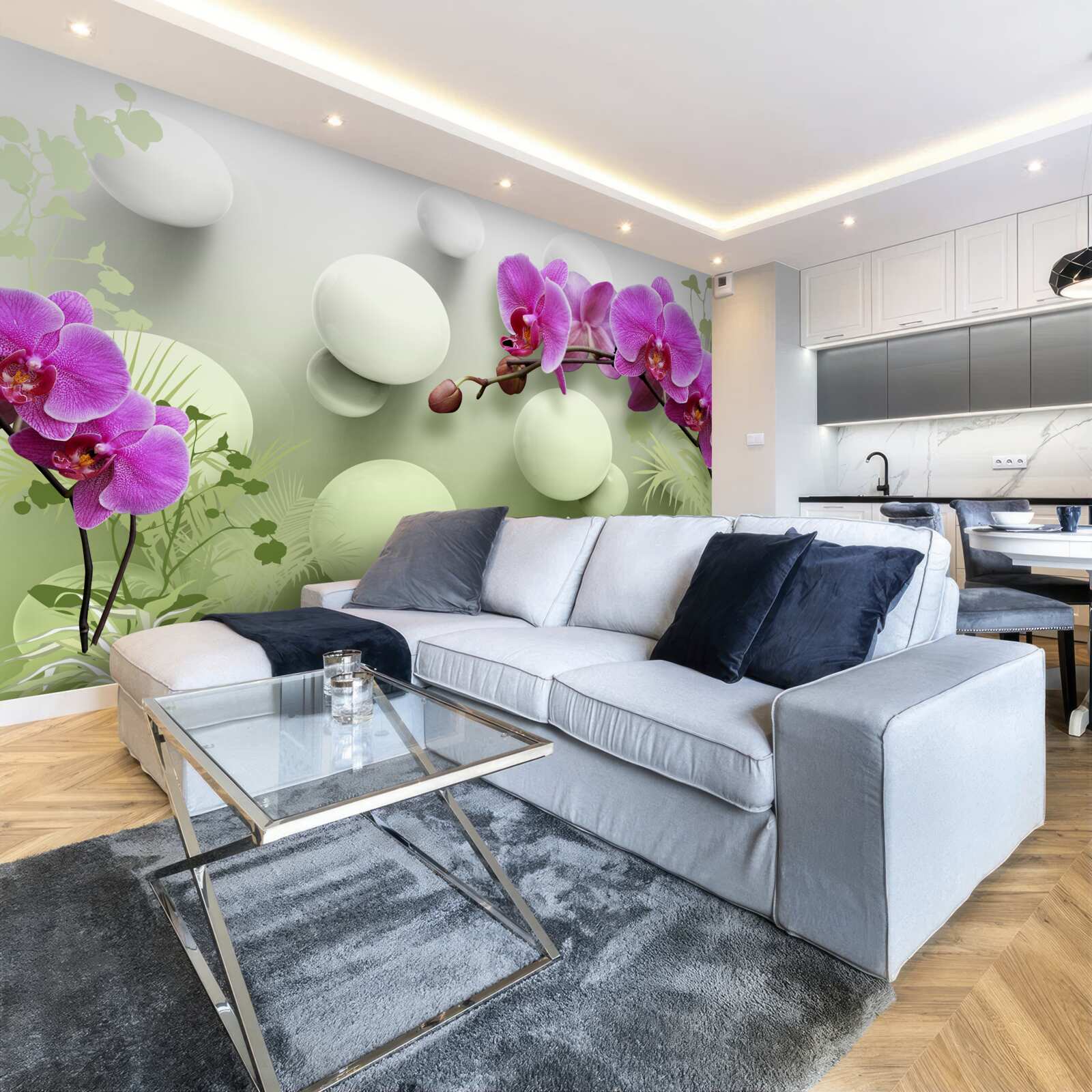 Fotobehang orchideeën in witte en paarse tinten